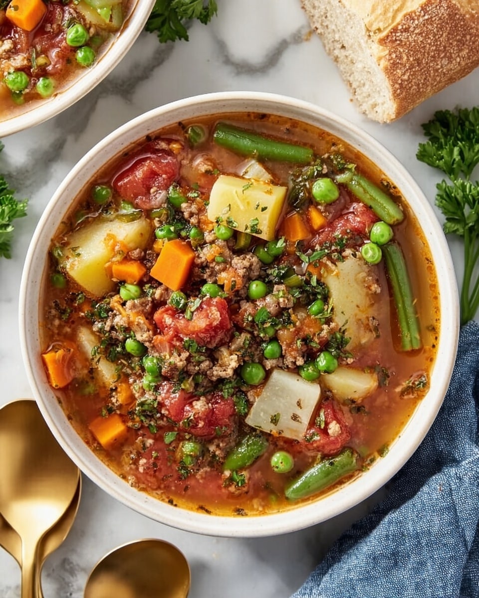 A white bowl filled with a colorful soup showing multiple layers: the top layer has bright green peas and dark green beans, the middle layer shows orange carrot cubes, diced white potatoes, and chunks of red tomatoes, and the bottom layer is a brownish broth with small pieces of ground meat and herbs sprinkled throughout. The bowl sits on a white marbled surface next to a folded blue cloth napkin and two golden spoons. A piece of light brown bread and some fresh green parsley leaves are partially visible near the bowl. Photo taken with an iphone --ar 4:5 --v 7