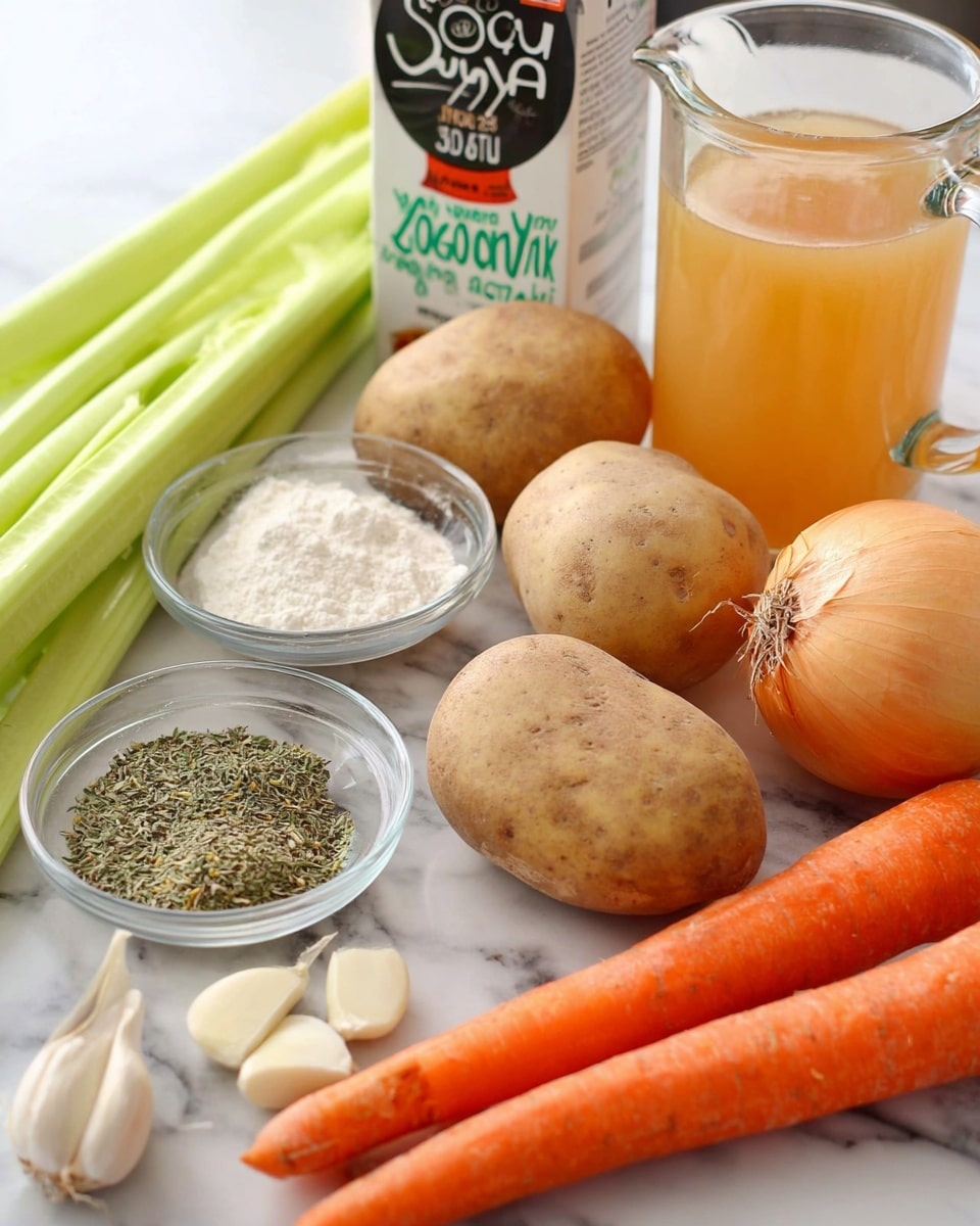 The image shows fresh ingredients arranged on a white marbled surface. In the front, there are two medium orange carrots and two cloves of garlic next to a small glass bowl filled with dried green herbs. Behind that is another small glass bowl containing white flour. Further back, there are two large light brown potatoes stacked and an onion with pale yellow skin. To the left of the potatoes, three long, bright green celery stalks lie flat. A clear glass pitcher filled with a light orange liquid stands behind the celery. In the background, a white carton of soy milk with green text and a black and red can of coconut milk are visible. photo taken with an iphone --ar 4:5 --v 7