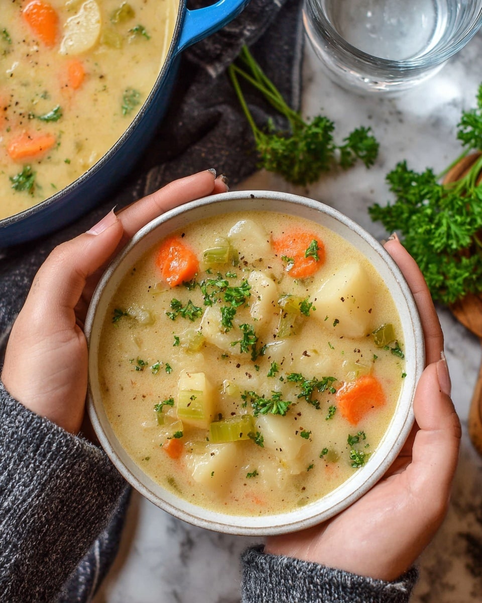 A close-up photo shows a bowl of soup held by two woman's hands wearing a grey sweater. The bowl is white and filled with a creamy light beige broth containing soft white potato chunks, bright orange carrot slices, light green celery pieces, and sprinkled green parsley on top. The soup looks thick and textured with some small black pepper bits visible. In the background, a blue pot with more soup is partly visible next to a glass of water and some fresh parsley on a white marbled surface. Photo taken with an iphone --ar 4:5 --v 7