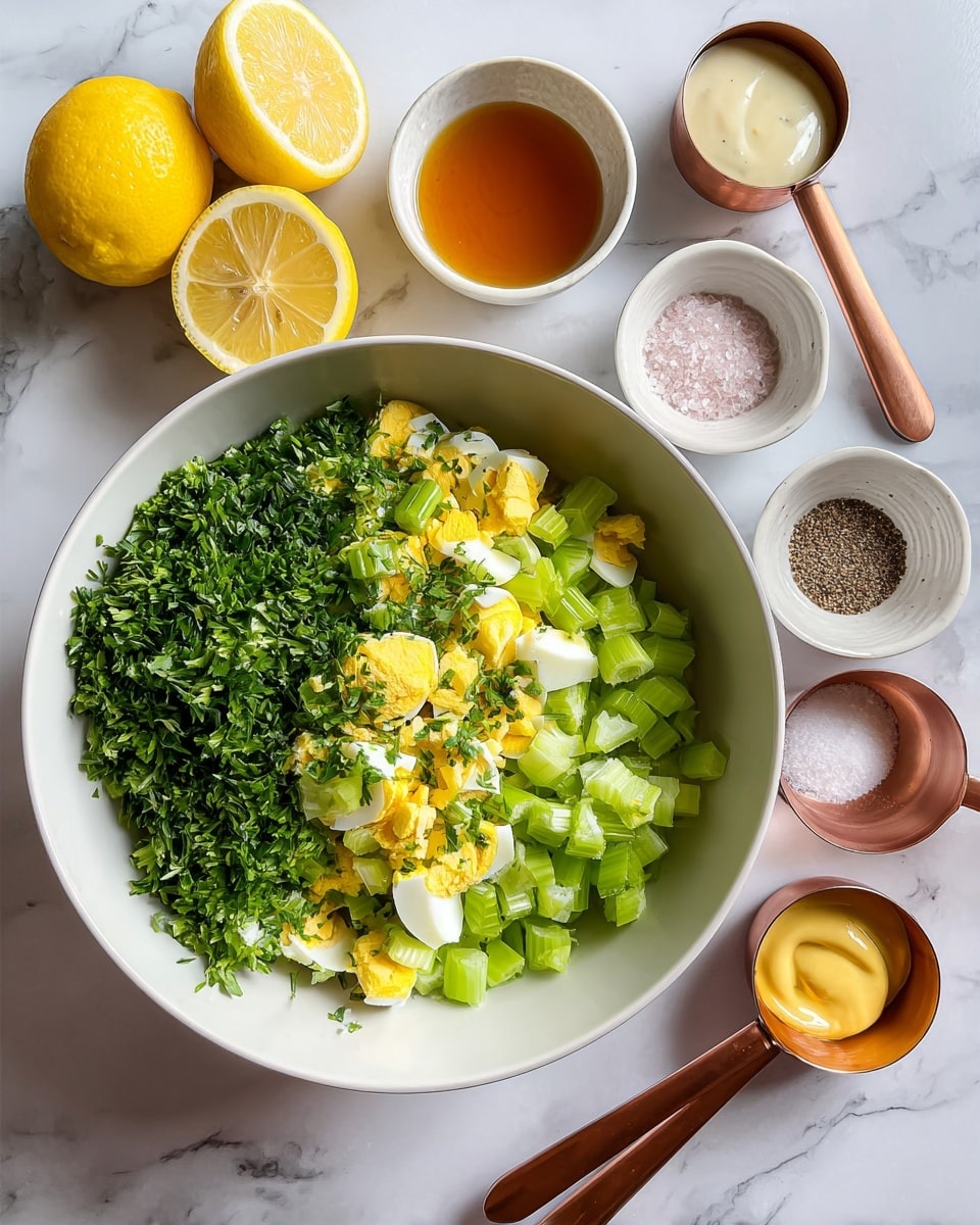 A white bowl is filled with chopped yellow boiled eggs, bright green celery pieces, and two types of fresh green herbs on top, all layered without mixing yet. Around the bowl on a white marbled surface, there is a half lemon, three small white bowls containing golden honey, pink salt, and black pepper, and two copper measuring cups with wooden handles holding creamy white mayonnaise and yellow mustard. The colors are fresh and vibrant, with the green herbs and celery contrasting nicely against the egg and the white bowl photo taken with an iphone --ar 4:5 --v 7