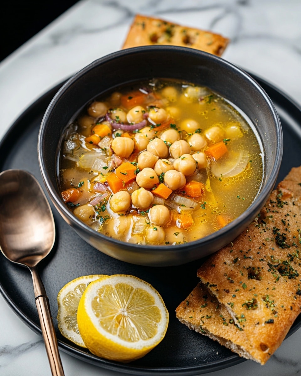 A black bowl on a black plate holds a soup made of round, beige chickpeas floating on top of a clear yellow broth mixed with small diced orange carrot pieces, translucent onion chunks, and green herbs. A bright yellow lemon slice leans against the side of the bowl, adding a fresh pop of color. On the black plate next to the bowl are two pieces of golden brown focaccia bread, showing a slightly rough, textured surface with green herb sprinkles. A shiny bronze spoon lies next to the plate on a white marbled surface. Photo taken with an iphone --ar 4:5 --v 7