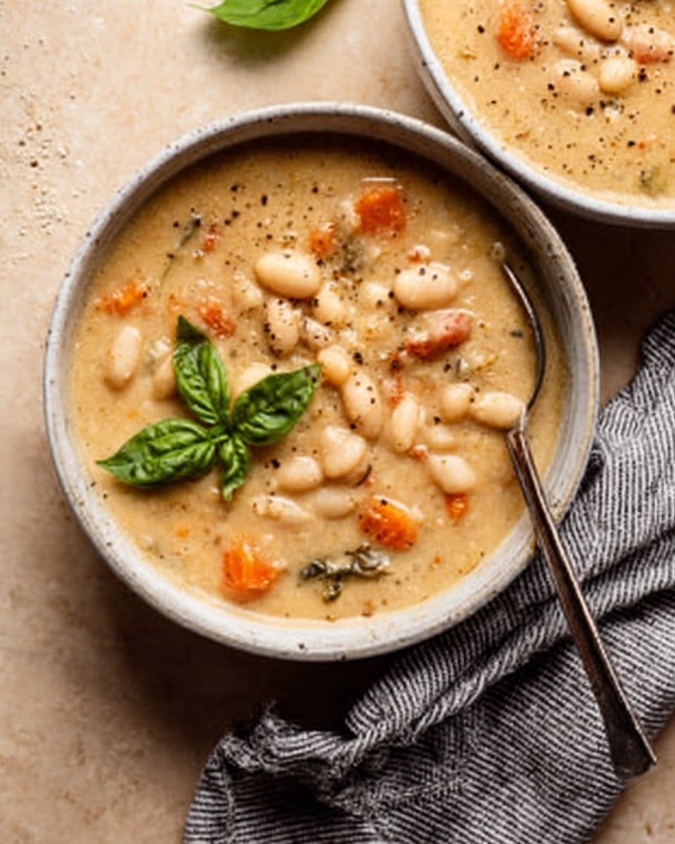 The image shows a white bowl filled with creamy soup that has white beans and small carrot pieces, with some chunks of meat visible. The soup surface has a smooth thick texture with a few black pepper specks on top. A green basil leaf rests on the soup near the edge of the bowl. A silver spoon is placed inside the bowl, angled toward the right side. The bowl is on a light brown surface and has a gray striped cloth napkin next to it. A second bowl filled with the same soup is partially visible in the background. photo taken with an iphone --ar 4:5 --v 7