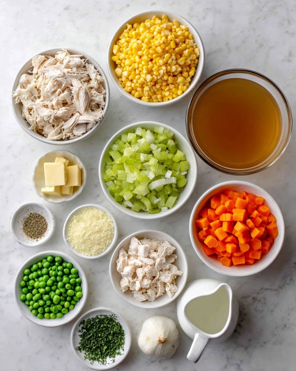 The image shows different white dishes arranged on a white marbled surface, each filled with a single ingredient for cooking. There are four medium-sized white bowls holding yellow corn kernels, chopped celery, shredded chicken, and green peas. A clear glass cup contains brown broth placed near the top right. Smaller white dishes hold chopped carrots, butter square, minced garlic, chopped parsley, flour, and ground pepper in two varieties. A small white pitcher with white liquid is in the lower right corner. The colors range from white, green, orange, yellow, brown to light beige, with all bowls and plates neatly placed and no overlapping. Photo taken with an iphone --ar 4:5 --v 7
