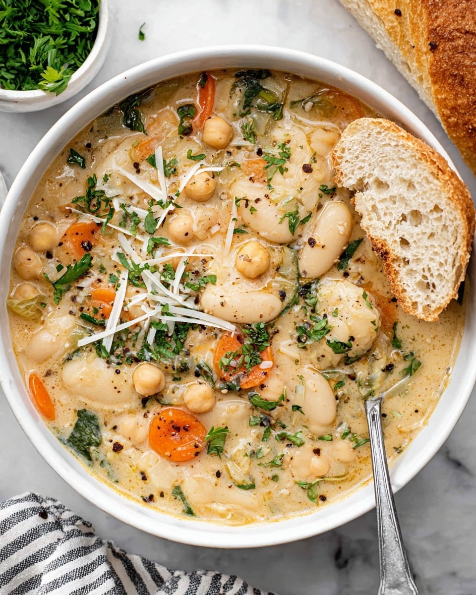 A white bowl filled with a creamy thick soup showing three main layers: a base of white broth mixed with large white beans, orange carrot slices, chickpeas, and green herbs scattered throughout. On top of the soup are thin shreds of white cheese and more fresh green herbs, sprinkled with small black pepper pieces. There is a silver spoon inside the bowl near the bottom edge, and a piece of light tan crusty bread resting on the bowl’s right edge. The bowl sits on a white marbled surface, with part of a striped cloth visible at the bottom left corner, and some chopped green herbs in a small white bowl at the top left. Photo taken with an iphone --ar 4:5 --v 7