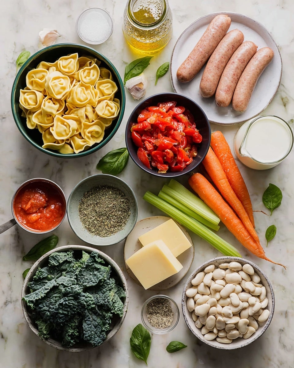 A top view of various ingredients arranged on a white marbled surface: in the center-left, a dark green bowl holds uncooked tortellini pasta, with its pale yellow color and curled edges; to the top right, a white plate holds five raw sausages in a light pink shade, arranged in a neat stack; just below the tortellini, there is a small bowl filled with mixed dried herbs, dark green and speckled; next to that, a small open can shows red tomato paste, and above it is a larger black bowl with diced bright red tomatoes; two whole orange carrots lie diagonally across the middle; to the right, three light green celery sticks sit parallel to a white plate holding thick wedges of pale yellow cheese; a bowl filled with white beans is near the carrots and cheese, with each bean smooth and oval-shaped; below and left, a white bowl contains dark green shredded kale; a whole white onion is placed near the carrots; small white bowls with black pepper and salt sit near the beans and onion; a small ornate glass bottle with pale yellow oil is above the carrots; a clear glass jar holds white milk in the lower center; scattered green basil leaves decorate the scene sparsely; the photo taken with an iphone --ar 4:5 --v 7