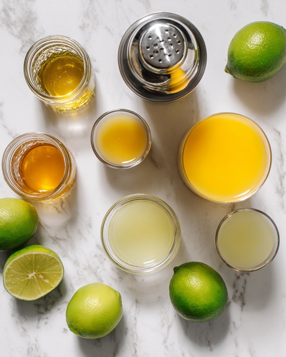 The image shows a top view of a white marbled surface with a collection of ingredients arranged neatly. From left to right, there is a small glass jar with shiny golden liquid, followed by a smaller glass jar of orange liquid. Below these are two more small glass jars with a pale yellow liquid and a slightly translucent yellow liquid. To the right sits a large clear glass filled with bright orange juice, and next to it is a smaller glass of pale yellow liquid. Above these ingredients, a metallic shaker with a shiny surface stands in the center. There are four whole green limes and one lime half placed around the items, adding a pop of green to the arrangement. The whole setup is clean and bright, with smooth textures and fresh colors. photo taken with an iphone --ar 4:5 --v 7