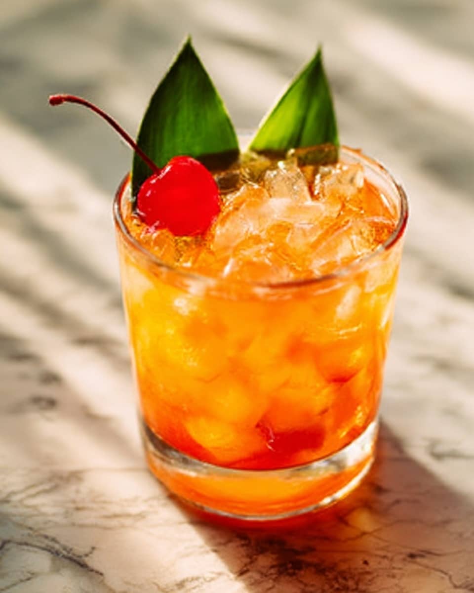 A clear glass filled with ice cubes holds a bright orange drink that fills most of the glass. On top, there is a small green leaf and a bright red cherry with a thin stem. The drink looks cool and fresh, sitting on a white marbled surface. The light shines softly, giving a slight shine to the ice and the drink. Photo taken with an iphone --ar 4:5 --v 7