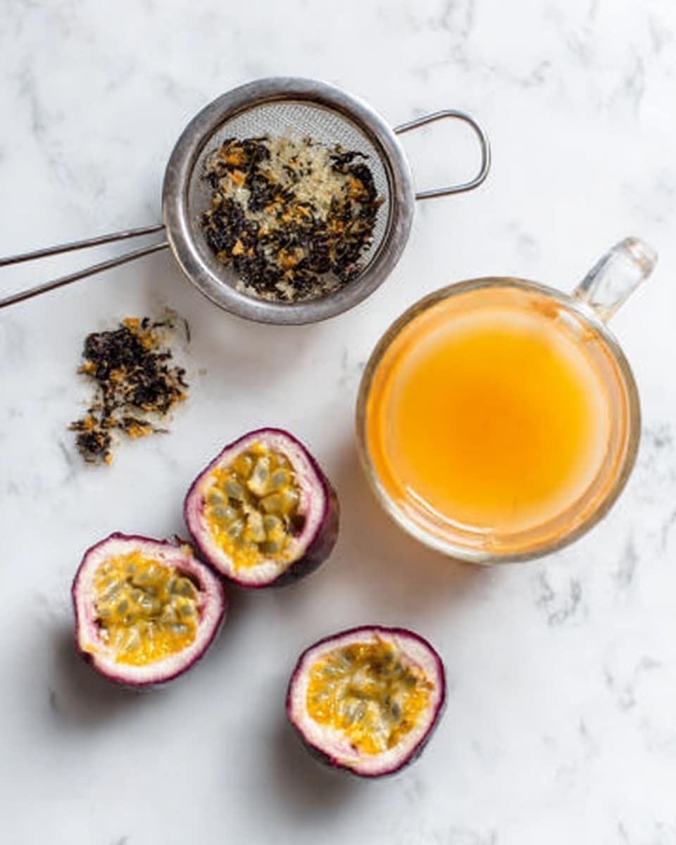 The image shows a white marbled surface with a clear glass cup filled with light orange tea on the right side. To the left of the cup, there is a metal strainer holding loose tea leaves and small dark pieces, positioned above the glass cup as if ready to strain the tea. Surrounding these items are four light purple passion fruits cut in half, each filled with yellow pulp and small black seeds. The overall scene is bright and clean, with a soft natural light. Photo taken with an iphone --ar 4:5 --v 7