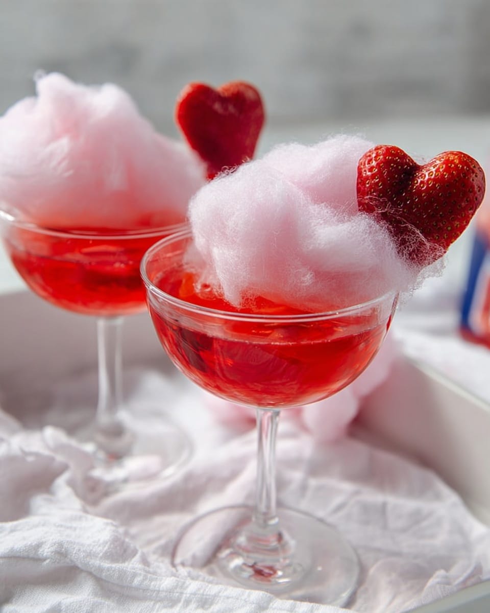 Two clear glass coupe glasses are filled with bright red liquid, each topped with a fluffy, light pink cotton candy cloud that sits above the rim. A single red strawberry, cut to look like a heart, is placed on the rim of each glass. The glasses are set on a white marbled surface with a white cloth beneath, and the background is softly blurred, drawing focus to the vibrant drinks. photo taken with an iphone --ar 4:5 --v 7