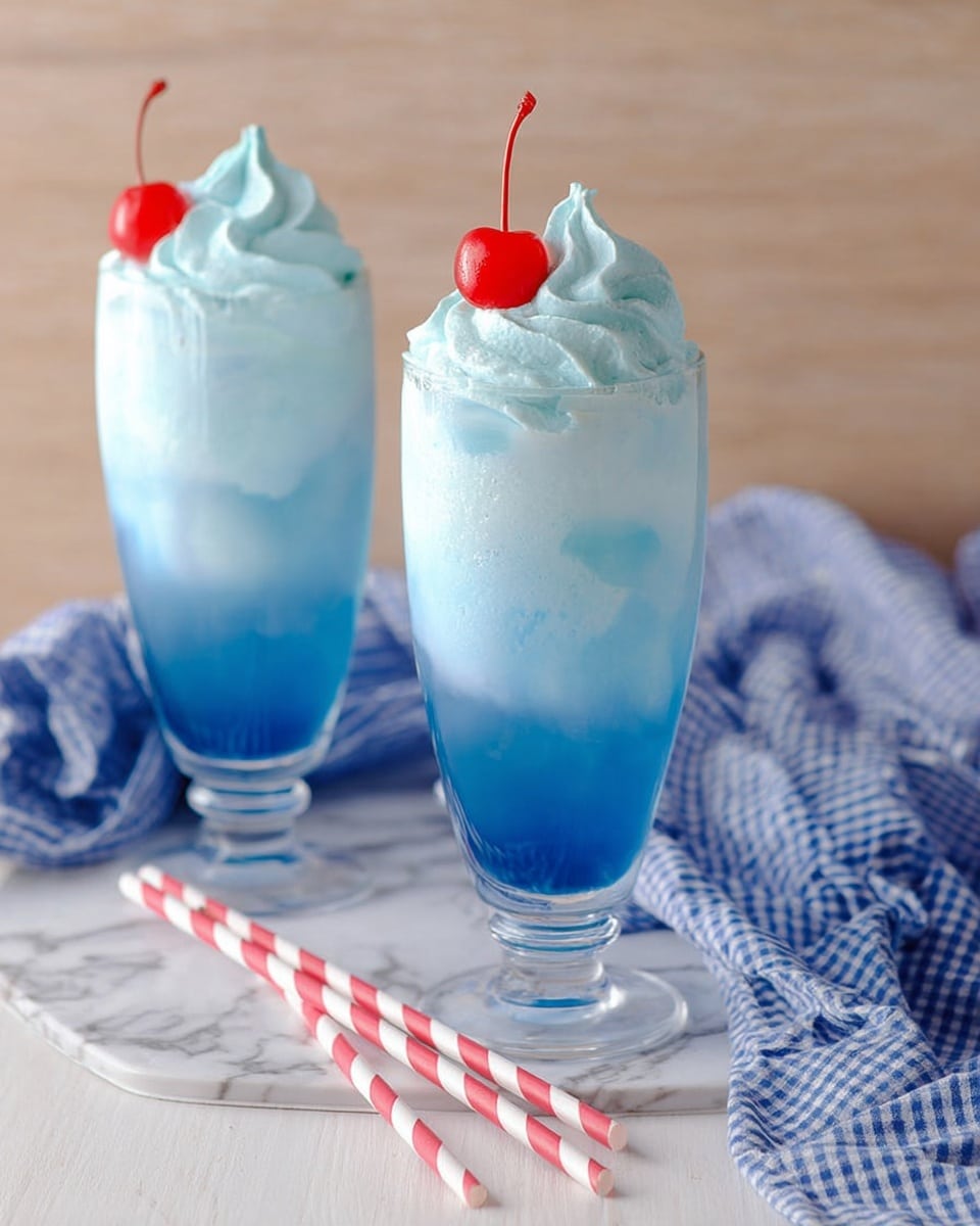 Two tall clear glasses each contain a layered blue drink with a smooth transition from a darker blue at the bottom to a lighter, frothy blue on top. Each glass is topped with a swirl of light blue whipped cream, crowned with a bright red cherry with a stem. The glasses are on a light wood surface with a white marbled texture, with a blue and white checkered cloth draped in the background. Two red and white striped straws lie in front of the glasses. photo taken with an iphone --ar 4:5 --v 7