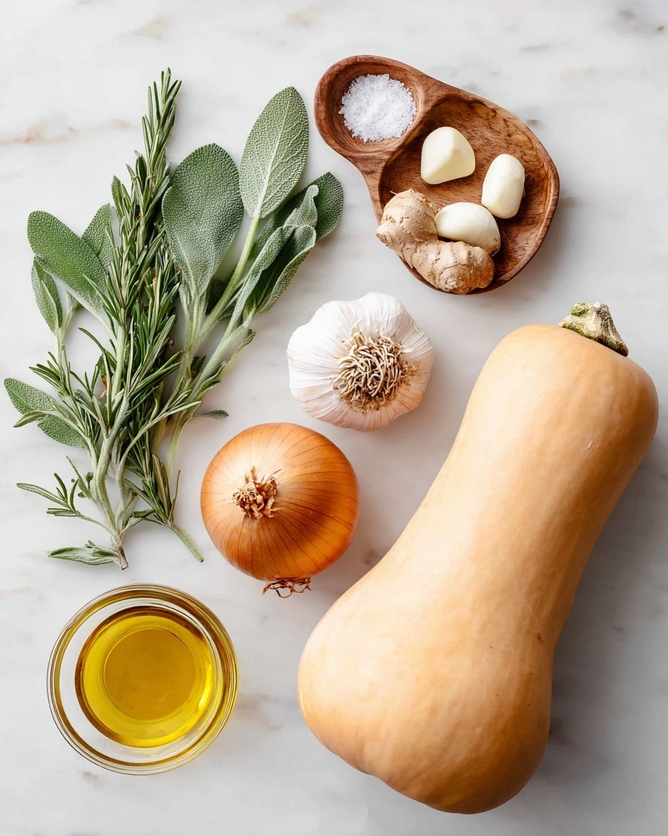 The image shows a collection of fresh ingredients on a white marbled surface arranged neatly. On the right, there is a whole butternut squash with a smooth light orange skin. Next to it is a whole brown onion with a papery outer layer. Nearby, there are three peeled garlic cloves with white skin. Above these is a small piece of fresh ginger root with a knobby light brown surface. To the left, there are two sprigs of green rosemary and a cluster of soft, green sage leaves with visible veins. At the top left, a small wooden dish holds a spiral of white salt. Below it, a small clear jar contains golden yellow olive oil. The colors are natural and earthy, and the lighting highlights the textures, giving a fresh and clean feel. Photo taken with an iphone --ar 4:5 --v 7