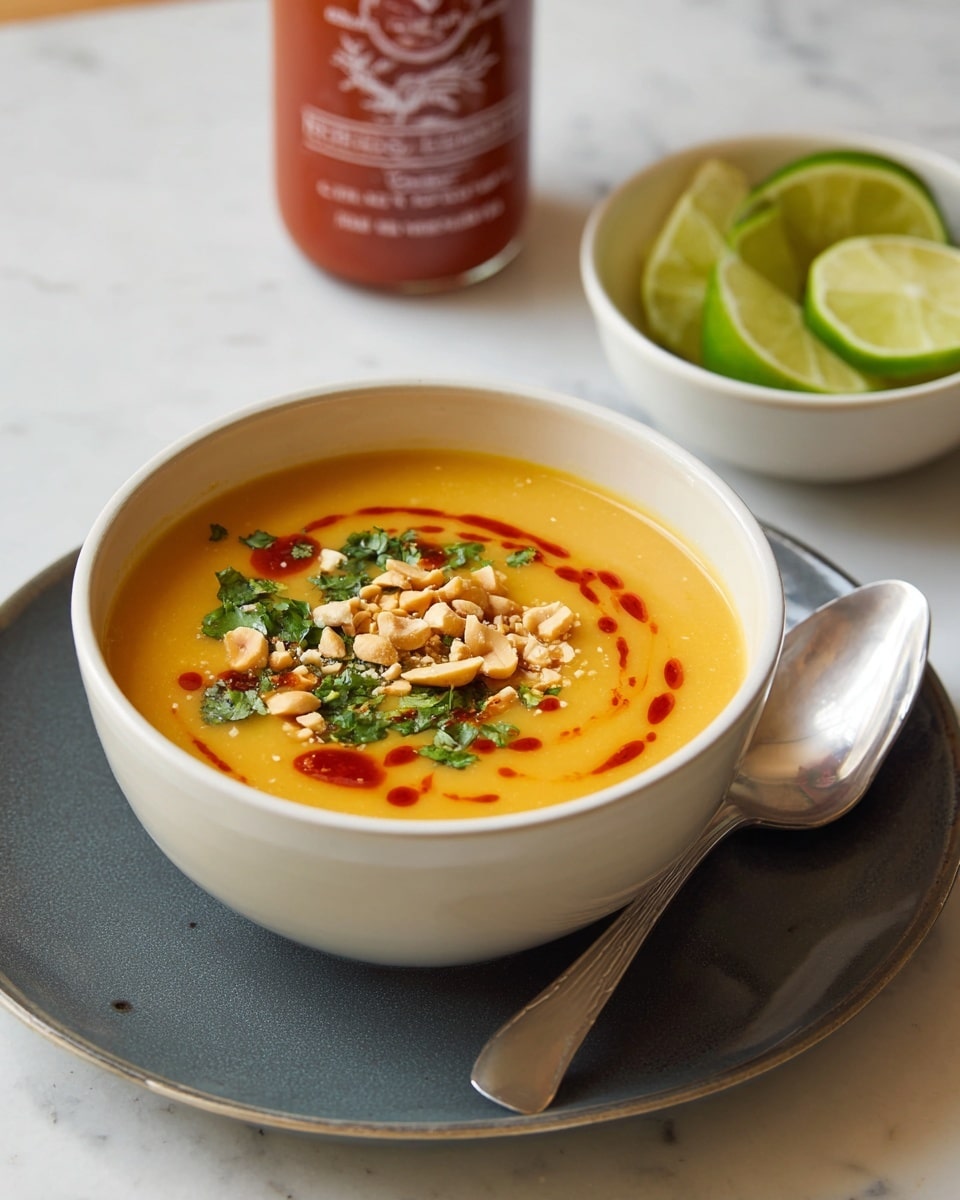A white bowl filled with smooth, yellow soup sits on a dark gray plate, with a silver spoon resting on the plate’s edge. The soup is topped with chopped green herbs, crushed light brown peanuts, and a drizzle of red hot sauce that swirls on the surface. To the right, a small white bowl holds several bright green lime wedges. In the background, a blurred bottle of red hot sauce stands upright. The whole setting is placed on a white marbled surface. photo taken with an iphone --ar 4:5 --v 7