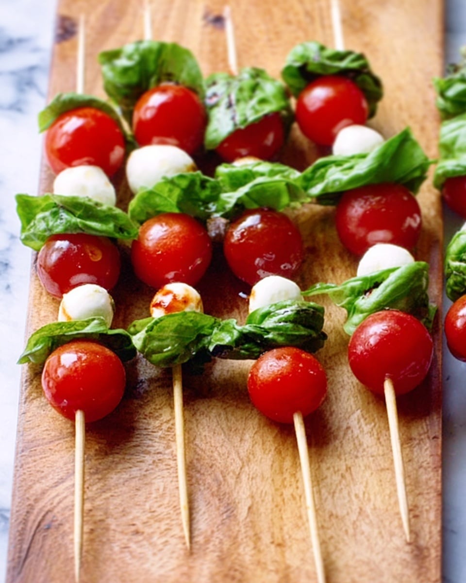 The image shows several skewers arranged on a white marbled surface. Each skewer has three layers: the bottom and top layers are bright red round cherry tomatoes with a smooth, shiny skin. Between the tomatoes, there is a layer of fresh green basil leaves that look soft and curly. Next to the basil leaves, there are small white balls of mozzarella cheese with a smooth and soft texture. The skewers are wooden and point upward, lying on a wooden board with natural grain patterns. The colors are bright and fresh, mostly red, green, and white. Photo taken with an iphone --ar 4:5 --v 7