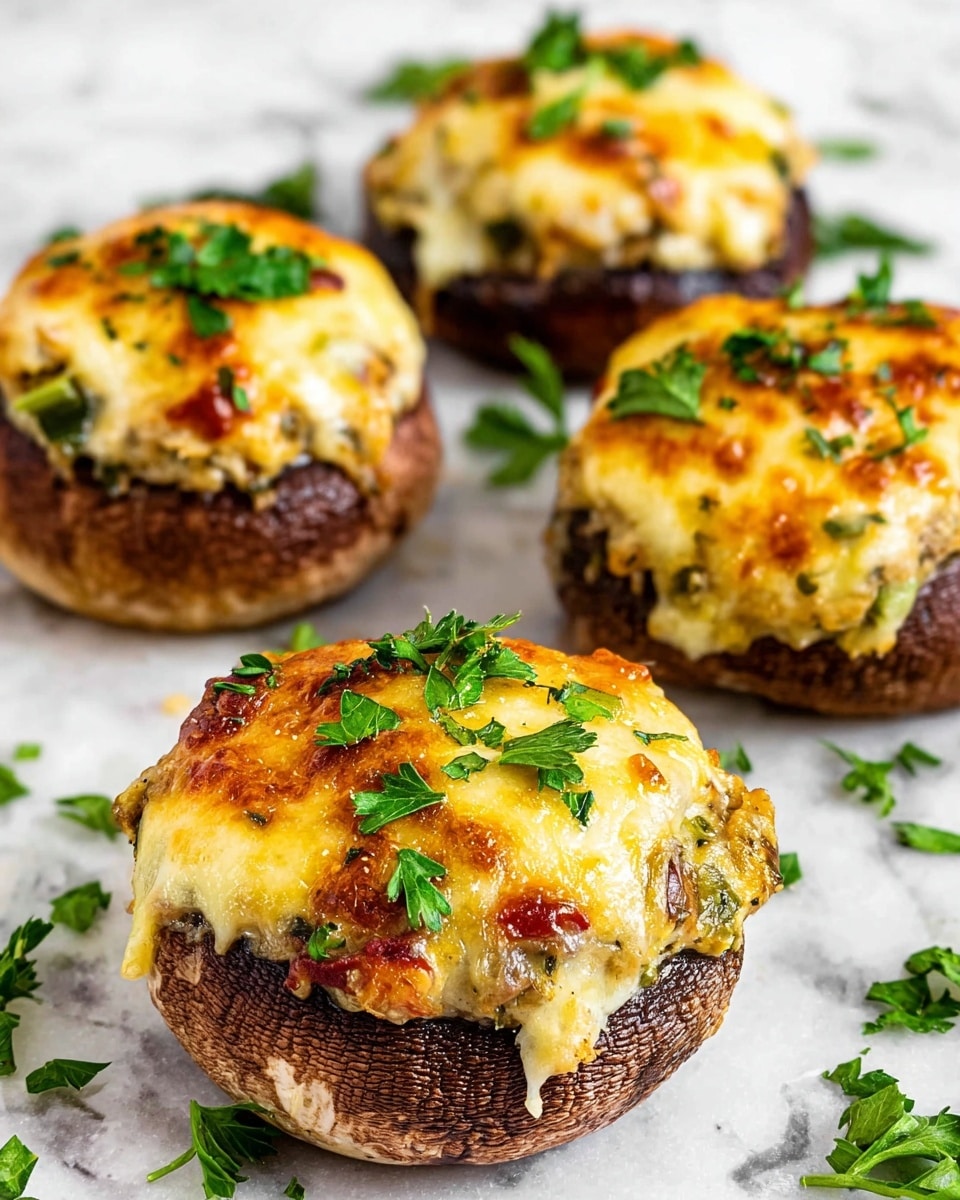 The image shows four stuffed mushrooms placed on a white marbled surface, each mushroom with three visible layers: a dark brown mushroom base with a moist and slightly wrinkled texture, a middle layer of mixed filling that appears yellowish with green and small red bits, and a top layer of melted cheese that is golden-brown and bubbly, slightly dripping down the sides. Fresh green parsley leaves are scattered on top of the cheese and around the mushrooms, adding a pop of color and freshness to the composition. The mushrooms are arranged closely but not touching, with the focus on the front mushroom showing the details clearly. Photo taken with an iphone --ar 4:5 --v 7