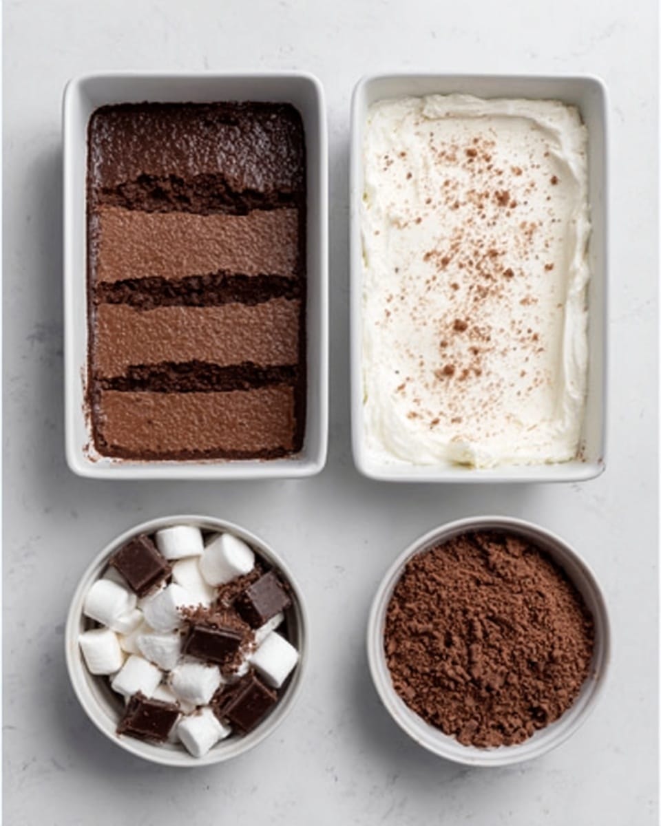 This image shows a white rectangular baking dish with a thick, textured dark brown chocolate layer on the left side, and the same dish on the right side with a smooth white cream layer spread over the dark brown layer, sprinkled lightly with small brown crumbs. Below these dishes are two white round bowls on a white marbled surface; the bowl on the left contains dark brown crumbled chocolate pieces mixed with small white marshmallows, while the bowl on the right holds only the dark brown crumbled chocolate. Photo taken with an iphone --ar 4:5 --v 7