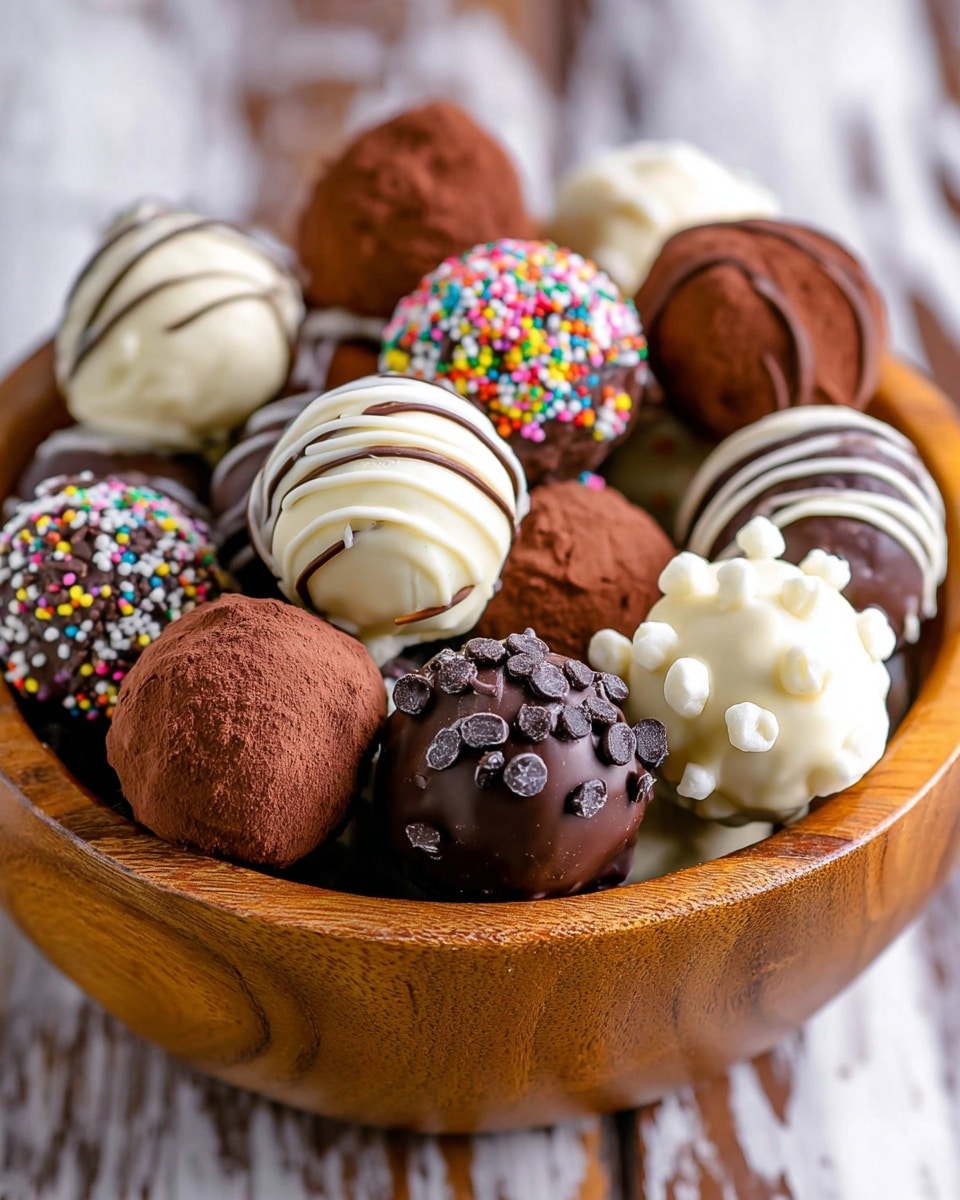 A round wooden bowl filled with a variety of chocolate truffles sits on a wooden surface with a white marbled texture. The truffles have different decorations and textures: some are smooth milk chocolate balls with white or dark chocolate drizzles, others are coated in cocoa powder giving a dusty, matte finish, and a few are covered in white chocolate with colorful round sprinkles on top. One truffle is dark chocolate with tiny chocolate chips on it, and another one is white chocolate with small dollops of white cream. The truffles are arranged closely together, creating a rich mix of browns, whites, and bright sprinkles. Photo taken with an iphone --ar 4:5 --v 7