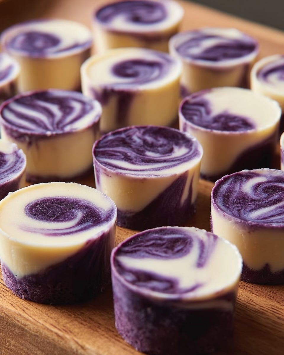 The image shows several small, round desserts arranged closely together on a wooden surface. Each dessert has two visible layers with a smooth texture: a bottom dark purple layer and a top creamy white layer with dark purple swirls on the surface. The purple swirls create a marbled effect, blending gently into the white layer, giving each piece a unique pattern. The desserts are evenly spaced, and the lighting highlights the creamy top and rich purple colors. Photo taken with an iphone --ar 4:5 --v 7