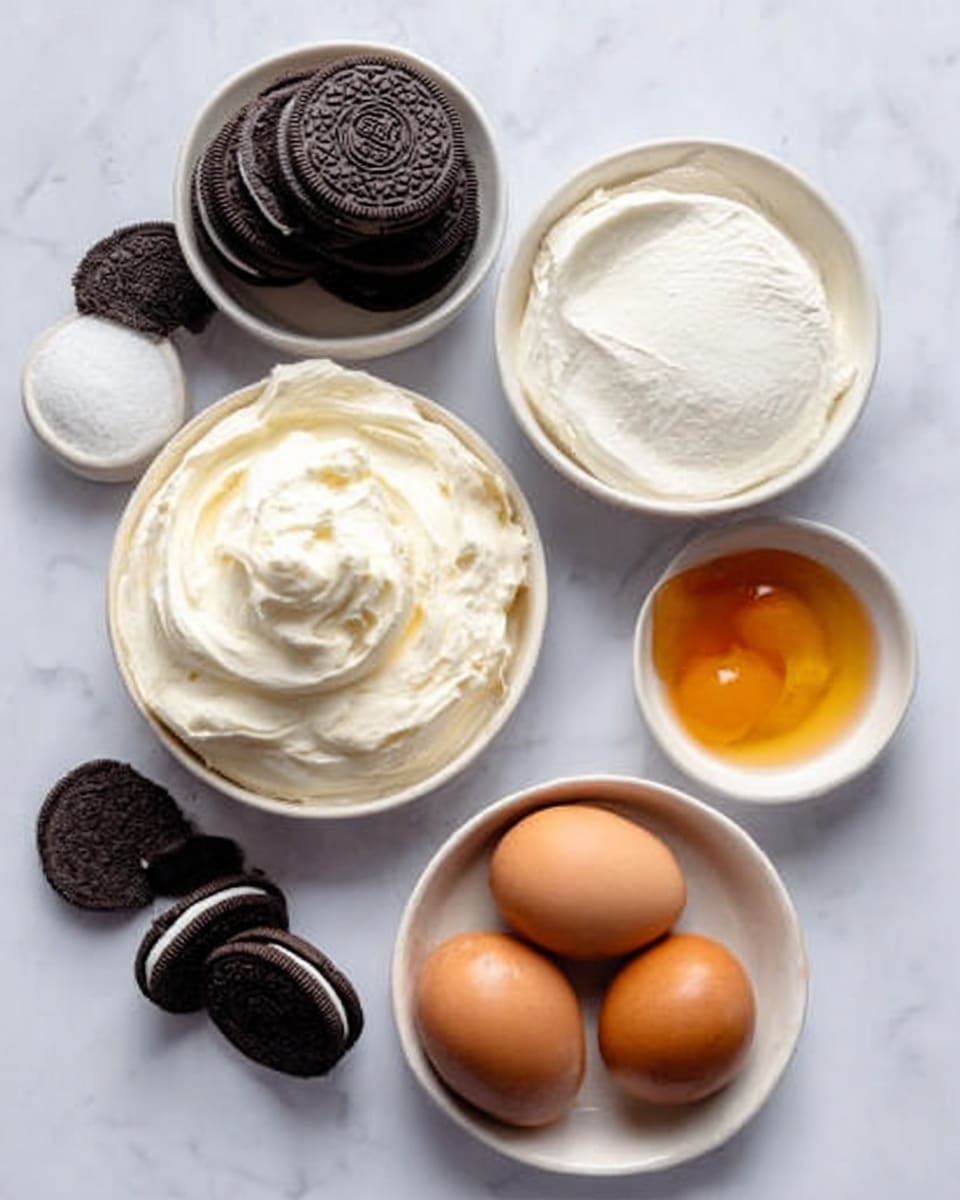 The image shows six white bowls arranged on a white marbled surface. One bowl contains dark brown sandwich cookies stacked and scattered. Another bowl has thick white cream with a smooth texture. A third bowl holds granulated white sugar. A larger bowl near the center is filled with soft, creamy white cheese that looks smooth and slightly fluffy. Two brown eggs are placed in a bowl beside a small bowl with clear amber liquid, likely vanilla extract. The colors include dark brown cookies, creamy white dairy, light brown eggs, and clear amber liquid. Photo taken with an iphone --ar 4:5 --v 7