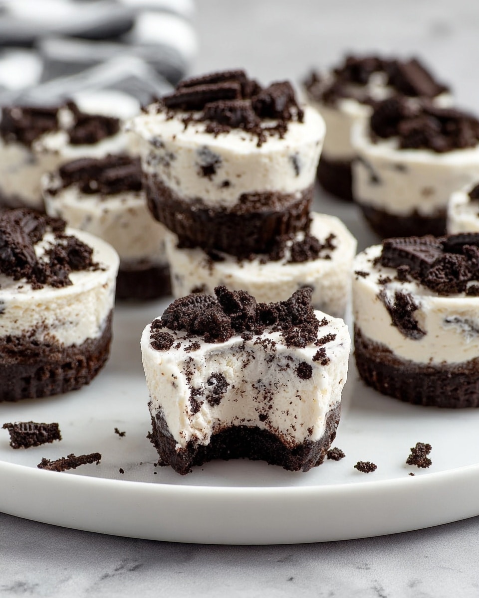 The image shows multiple small dessert cups arranged on a white plate and white marbled surface. Each cup has three layers: a dark chocolate cookie base at the bottom, a thick middle layer of white cream mixed with small dark cookie pieces, and a crumbly dark cookie topping. The cream layer is soft and thick, with cookie bits mixed inside, and one dessert in the front has a bite taken out of it, revealing the creamy texture inside. Photo taken with an iphone --ar 4:5 --v 7