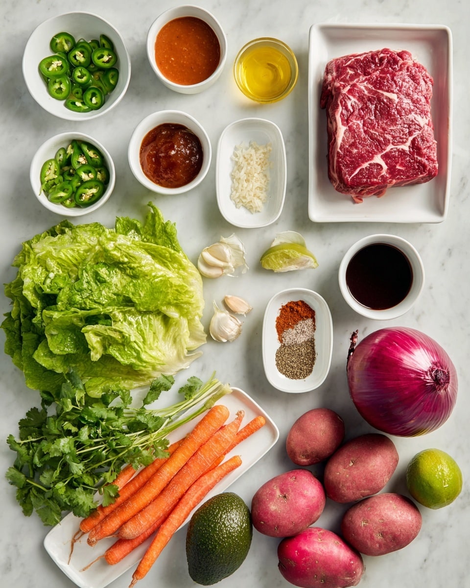 The image shows fresh ingredients neatly arranged on a white marbled surface. At the top right, there is a white rectangular dish holding a raw piece of marbled red meat. Surrounding it are small white bowls containing red sauce, green sliced jalapenos, chopped garlic, honey, and a dark sauce. Beside these bowls, a large purple onion sits near three small piles of brownish herbs and spices on a white elongated dish. At the bottom left, fresh green leafy lettuce and a bunch of green cilantro are placed side by side. Two bright orange carrots and three red potatoes lie next to a whole lime and three radishes, with a dark avocado close by. The whole scene is clean and vibrant, with colors ranging from deep reds and greens to bright orange and white. Photo taken with an iphone --ar 4:5 --v 7