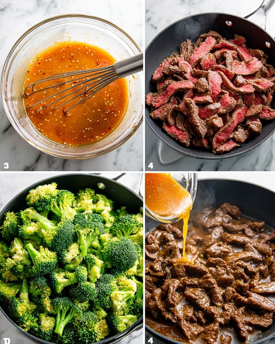 A clear glass bowl with a shiny metal whisk inside holds a bright orange, slightly thick sauce with visible small seeds and spices. Next, thin raw red strips of beef with some white fat sit piled inside a black pan. In the following image, the beef strips are browned and cooked through, showing a textured, slightly glossy surface. Then, the orange sauce is poured over the browned beef in the pan, creating a shiny layer covering the meat. The meat simmers in the sauce, now a rich brown color with some steam rising from the pan. Fresh bright green broccoli florets are placed on top of the meat and sauce inside the black pan. Finally, the broccoli and meat are combined and cooked together, with the beef pieces dark brown and tender, and the broccoli slightly softened but still vibrant green, all in a thick brown sauce with a glossy finish. The photos are set on a white marbled surface photo taken with an iphone --ar 4:5 --v 7