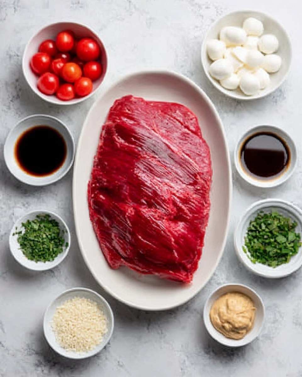 A white oval dish in the center holds a large piece of red raw meat with smooth texture and visible muscle fibers. Around the main dish, there are six small white bowls evenly placed, each containing different ingredients: one bowl has bright red cherry tomatoes, another is filled with small white mozzarella balls, a third has a dark brown liquid, the fourth contains diced green herbs, the fifth has a light brown grainy substance, and the last one holds a small amount of beige paste. The setup is on a white marbled surface, creating a clean and simple look. photo taken with an iphone --ar 4:5 --v 7