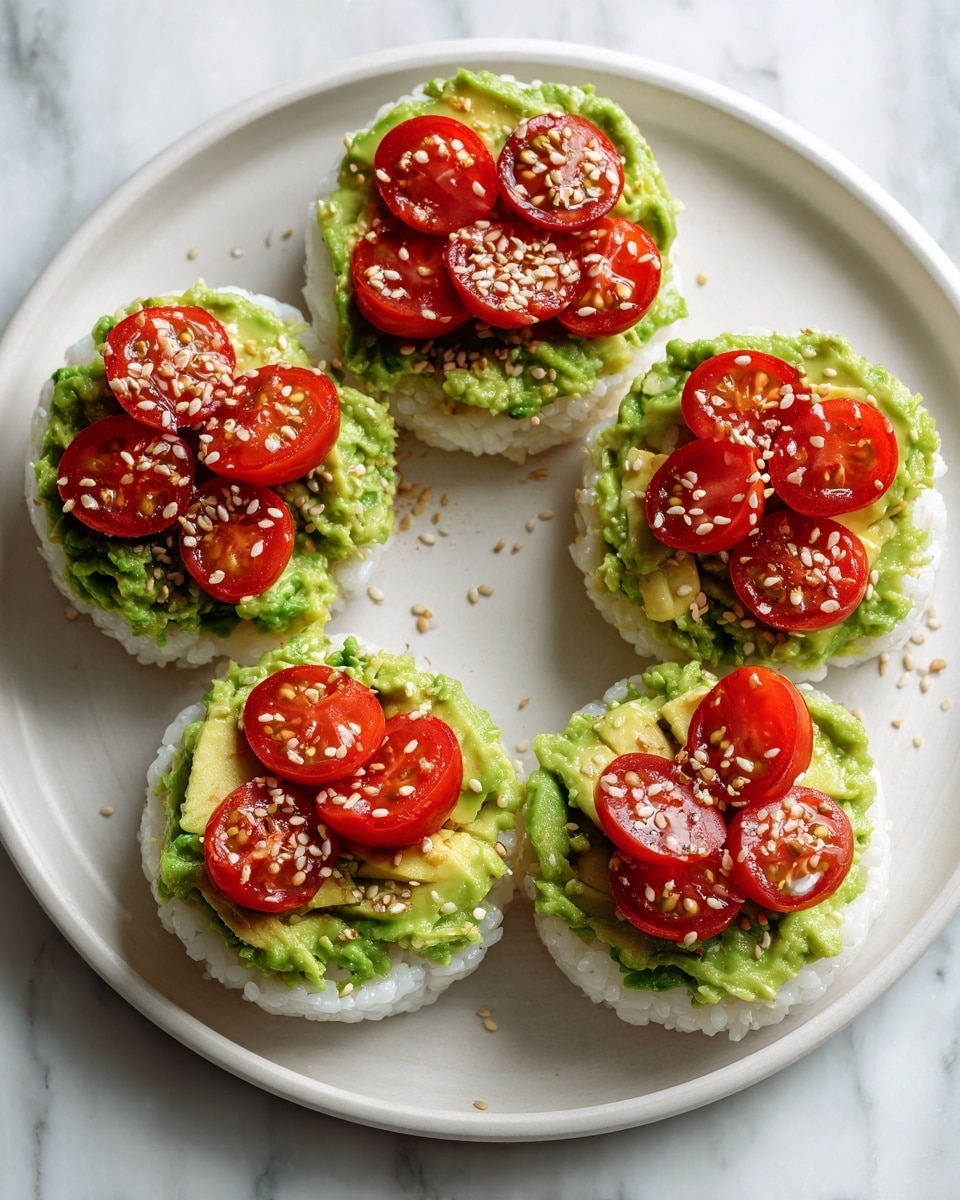 A white plate with a white marbled surface holds five small rice cakes arranged in a circle. Each rice cake has a layer of bright green mashed avocado spread evenly on top. On the avocado, there are multiple slices of red cherry tomatoes arranged in a small mound in the center of each rice cake. Light sesame seeds are sprinkled over the tomatoes, adding a delicate texture contrast. The overall look is fresh and colorful with green, red, and white tones. photo taken with an iphone --ar 4:5 --v 7