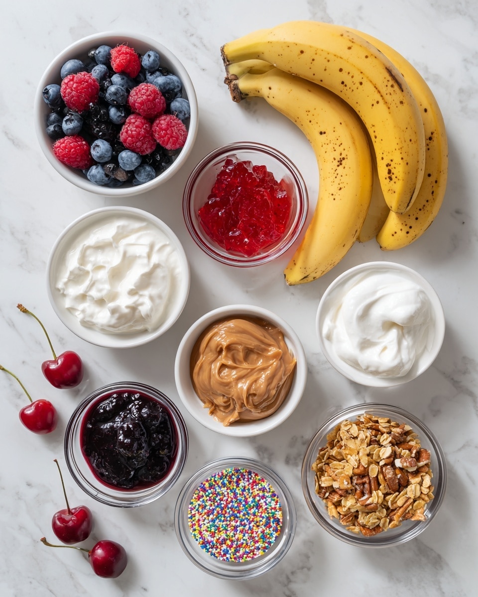 The image shows a top view of an arrangement of small white and clear bowls and two bananas on a white marbled texture. From top left, there is a white bowl filled with fresh mixed berries including blueberries, raspberries, and blackberries. To the right are two yellow bananas with small brown spots. Below the berries is a clear bowl with a red jelly-like substance, and next to it, a white bowl filled with thick white yogurt. To the right of the yogurt is a small white bowl with brown chopped pecans. Below the jelly is a clear bowl with light brown peanut butter, and next to it, a clear bowl with dark blueberry jam. Underneath the peanut butter is a clear bowl of white whipped cream, with a clear bowl of colorful sprinkles beside it. At the bottom left corner, a clear bowl holds two bright red cherries with stems. A white bowl with golden granola is on the middle right side. The bowls and fruit are all neatly spaced on the white marbled surface photo taken with an iphone --ar 4:5 --v 7