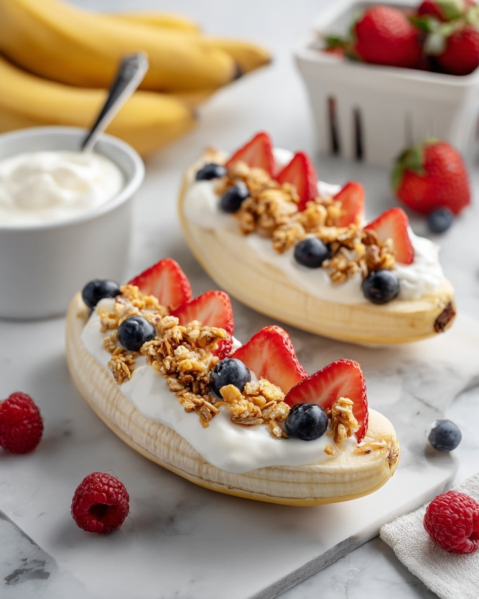 The image shows two clear glass banana split boats placed on a white marbled surface. Each banana split has one peeled banana sliced in half lengthwise as the base layer, light yellow with a smooth texture. Inside the banana boats, there is a layer of white creamy yogurt topped with clusters of golden granola, creating a crunchy texture. On top of the granola and yogurt are fresh, sliced strawberries with a bright red color, whole blueberries in dark blue, and some raspberries in a rich red, adding vibrant color and freshness to the dish. In the background, there is a small bowl of creamy white yogurt with a spoon inside, some whole bananas, and a white container holding more strawberries and blueberries. photo taken with an iphone --ar 4:5 --v 7
