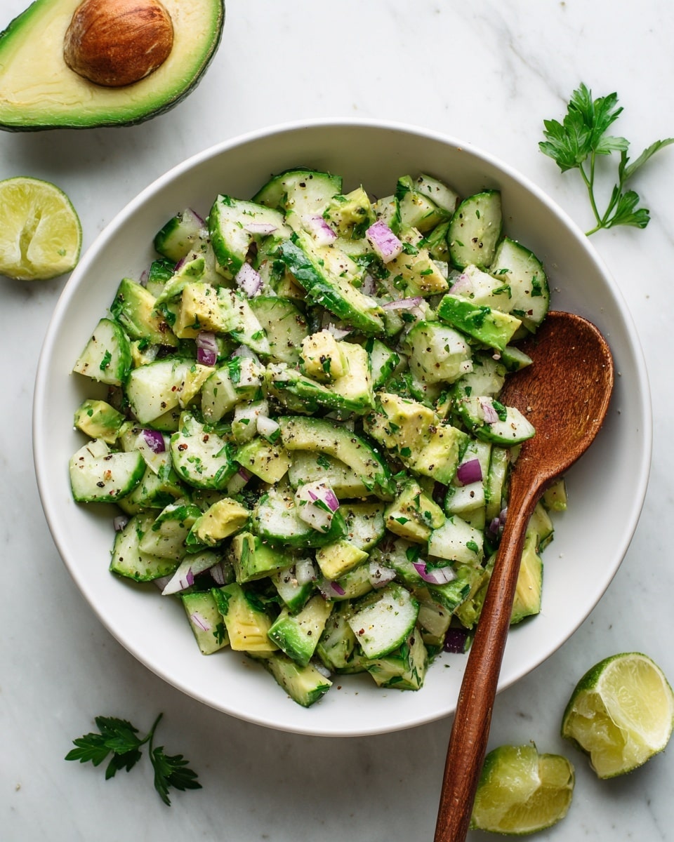 The image shows a white bowl filled with a fresh salad made of chopped avocado, cucumber, and small pieces of red onion. The salad is mixed with a sprinkle of black pepper and garnished with a few green parsley leaves on top. A wooden spoon is placed inside the bowl, resting on the right side of the salad. The bowl is set on a white marbled surface with halves of avocado and a cut lime nearby. Photo taken with an iphone --ar 4:5 --v 7