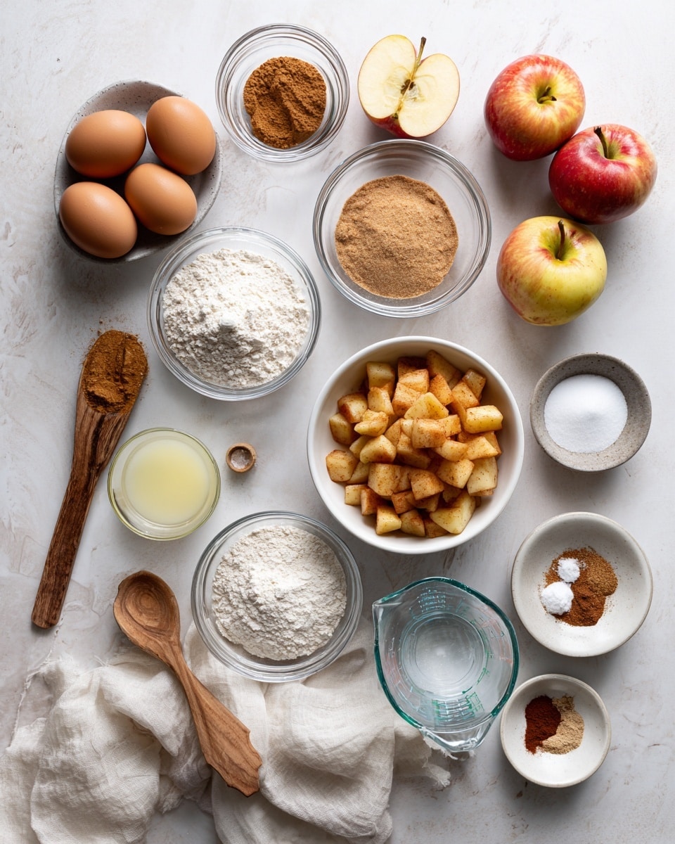 The image shows various baking ingredients arranged neatly on a white marbled surface. In the center, there is a white bowl filled with small apple chunks. Surrounding it are clear glass bowls holding light brown sugar, white flour, and a clear measuring cup with a light yellow liquid. There are two whole brown eggs and one small bowl with ground cinnamon on the left side. A wooden spoon scoop with light brown sugar rests near a white cloth. Two whole apples and a sliced apple with red and yellow skin are placed around the ingredients. Several small dishes contain salt and other spices, all arranged in a balanced and clean layout. Photo taken with an iphone --ar 4:5 --v 7