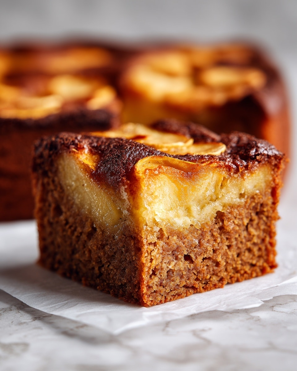 The image shows a piece of apple cake with two visible layers, placed on white parchment paper on a white marbled surface. The bottom layer is a dense, brown cake with a slightly crumbly texture. The top layer has a dark, caramelized crust with golden apple slices that are glossy and slightly soft-looking. The cake piece is square and a larger part of the cake, with similar texture and color, is in the background. The lighting gives the cake a warm and inviting look. photo taken with an iphone --ar 4:5 --v 7