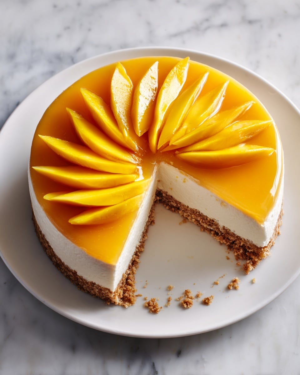 A round dessert is shown with three distinct layers on a white plate set on a white marbled surface. The bottom layer is a thick, crumbly light brown crust. The middle layer is a thick, smooth, and creamy white filling. The top layer has a shiny, translucent orange glaze with neatly arranged, thin slices of fresh mango fanning out from the center to the edge. One slice is missing, revealing the inside layers clearly. The overall look is fresh, bright, and inviting. Photo taken with an iphone --ar 4:5 --v 7