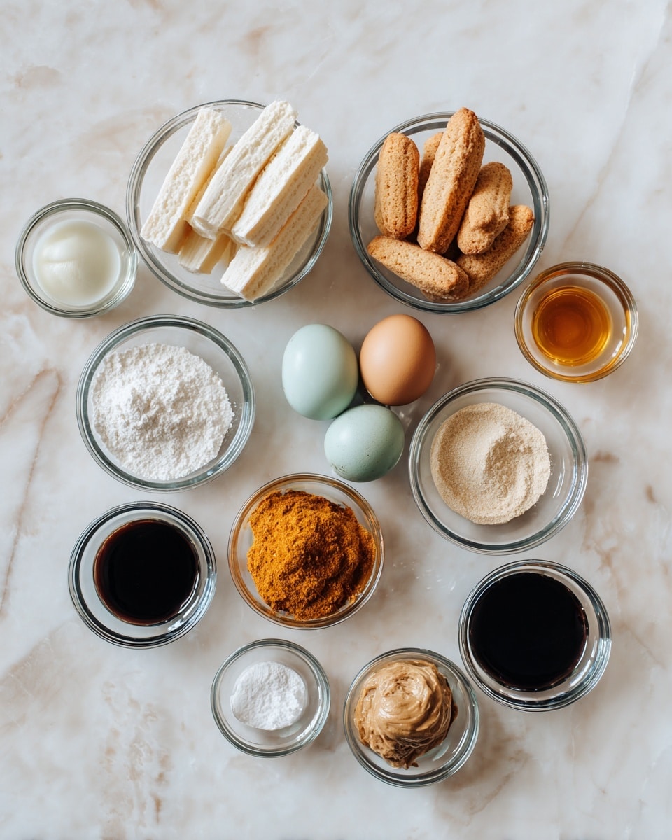 The image shows many small glass bowls arranged on a white marbled surface, each holding a different ingredient. There are twelve bowls total: one has a white creamy block, one has several ladyfinger biscuits dusted with powder, one holds four eggs in varying brown and pale blue colors, one contains a pile of orange paste, two hold dark syrupy liquids, and the rest have powders or liquids in white, brown, or light tan shades. The bowls are arranged in a loose circle with some space between each, creating a neat and organized layout. Photo taken with an iphone --ar 4:5 --v 7