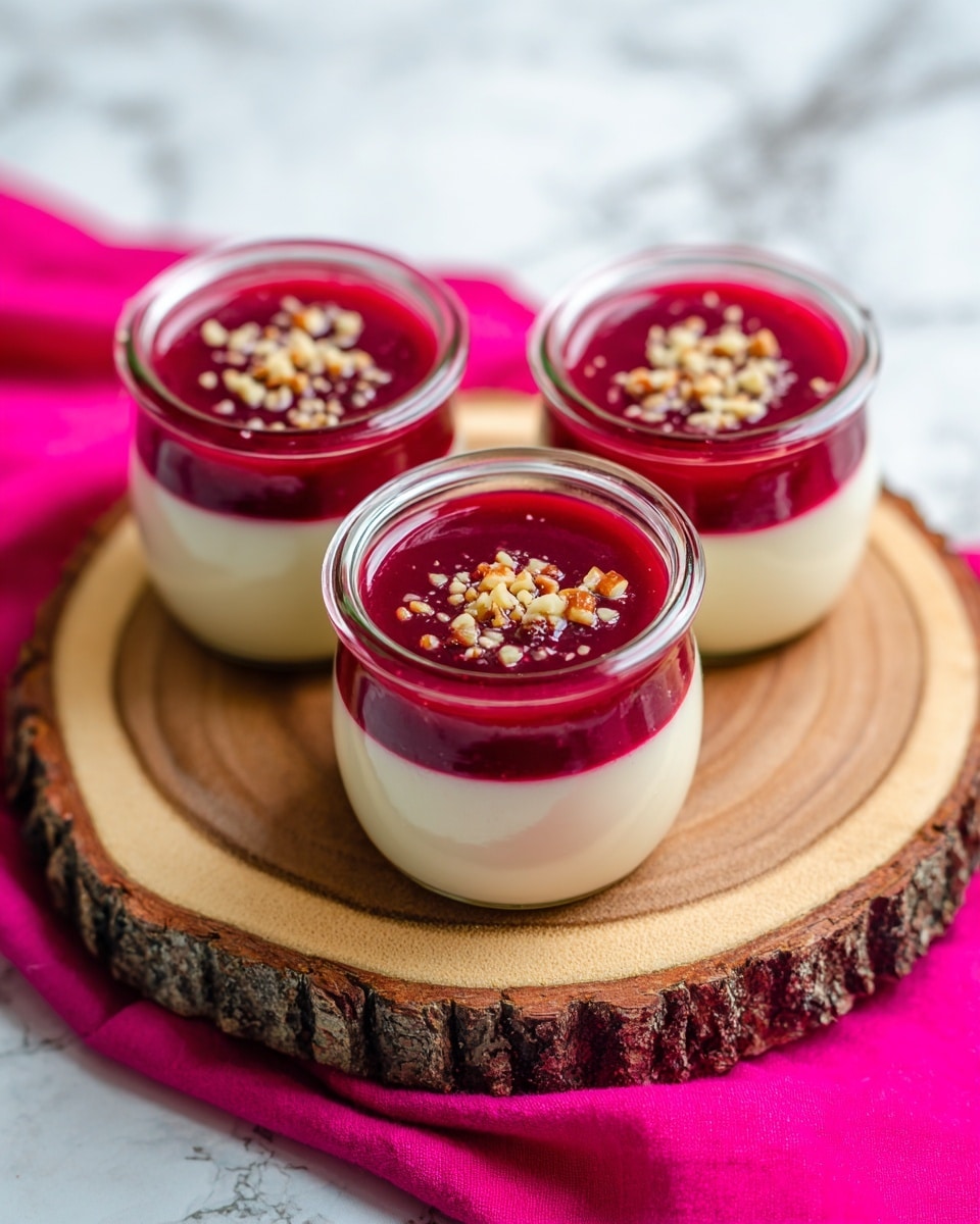 The image shows three small clear glass jars filled with a dessert. Each jar has two layers: the bottom layer is smooth and creamy white, resembling a soft pudding or yogurt, and the top layer is a deep red, thick fruit sauce spread evenly. The red sauce is sprinkled with small bits of crushed nuts or seeds on top. The jars are placed on a round wooden slab with bark on the edges, which is set on a bright pink cloth. The background surface is white with a marbled texture. The photo is taken with an iphone --ar 4:5 --v 7