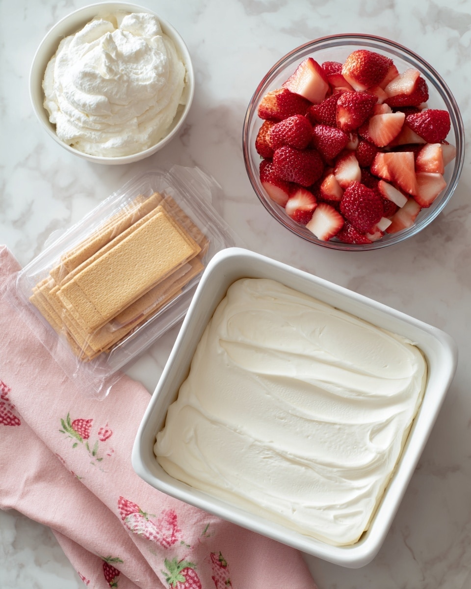 A square white baking dish holds a smooth, thick layer of white cream evenly spread across the bottom; to the top left, a white bowl contains more whipped cream with a soft, fluffy texture, and next to it, a clear bowl is filled with chopped red strawberries showing juicy, fresh inside parts. To the left of these bowls, there is a clear pack of light brown rectangular wafers standing upright. The whole setup rests on a white marbled surface with a soft pink cloth featuring small strawberry prints partially visible at the bottom. Photo taken with an iphone --ar 4:5 --v 7