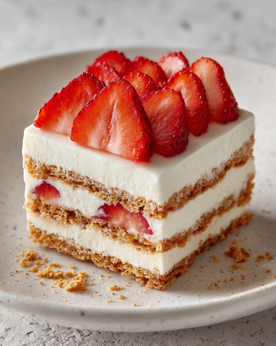 A square-shaped layered dessert sits on a white plate with a white marbled texture background. The dessert has three visible layers of light brown crispy wafers, each separated by thick, creamy white layers. Inside the middle cream layer, there are thin slices of fresh, red strawberries. On top, a final creamy layer is decorated with evenly spaced, bright red strawberry slices, showing their seeds and soft texture clearly. Small crumbs from the wafers are scattered at the base of the dessert, adding a bit of texture and detail. photo taken with an iphone --ar 4:5 --v 7