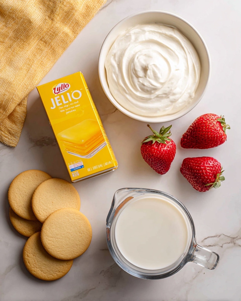 The image shows ingredients for a dessert arranged on a white marbled surface. There are many round, light tan cookies spread out on the left side, with a yellow box of lemon JELL-O pudding mix placed among them. Above the cookies, a white bowl holds smooth, white whipped topping with a small peak in the center. Below the bowl, a clear glass measuring cup is filled with white milk. To the right of the measuring cup, four red strawberries with green tops are placed close together. In the top left corner, part of a yellow cloth is visible. photo taken with an iphone --ar 4:5 --v 7