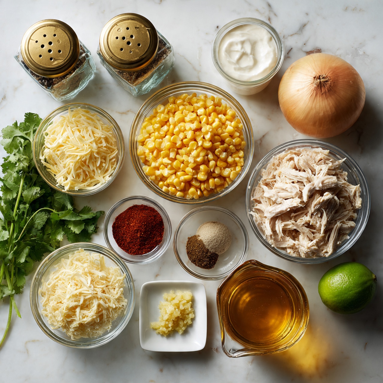 The image shows a flat white marbled surface with various clear glass bowls and containers arranged neatly with cooking ingredients. In the center is a clear glass bowl filled with bright yellow corn kernels. To its right is another clear glass bowl with shredded light beige cooked chicken. Below the corn bowl is a small white square dish with dark brown cumin powder and next to it a small clear bowl with minced light yellow garlic. Above the corn is a small clear bowl with bright red chili powder. To the left of the corn is a clear bowl with shredded pale yellow cheese, and next to it is a bunch of fresh green cilantro sprigs. Near the top left are two glass jars with gold lids, one labeled black pepper and the other salt. Between the jars and corn is a whole lime with a textured green skin. Behind the lime is a clear bowl of creamy white yogurt and next to it a glass oil dispenser filled with golden olive oil. Near the top right corner is a whole round yellow onion with dry skin. At the bottom right is a large clear glass measuring cup filled with amber-colored broth. All items are on a white marbled background. Photo taken with an iphone --ar 4:5 --v 7