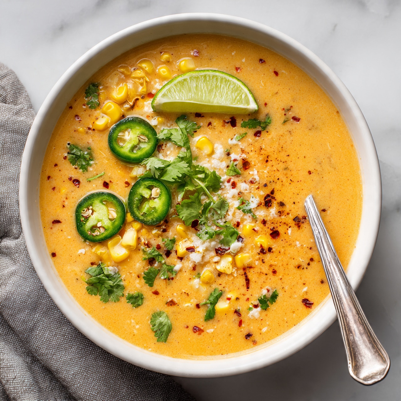 A white bowl filled with creamy, light orange soup with visible corn kernels scattered on top. Thin slices of green jalapeño peppers float on one side near fresh green cilantro leaves. A wedge of bright green lime rests on the edge of the bowl. There is a sprinkle of red chili flakes and some white cheese pieces scattered over the soup. A silver spoon is inside the bowl on the right edge. The bowl is placed on a white marbled surface with a gray cloth partially visible behind it. Photo taken with an iphone --ar 4:5 --v 7