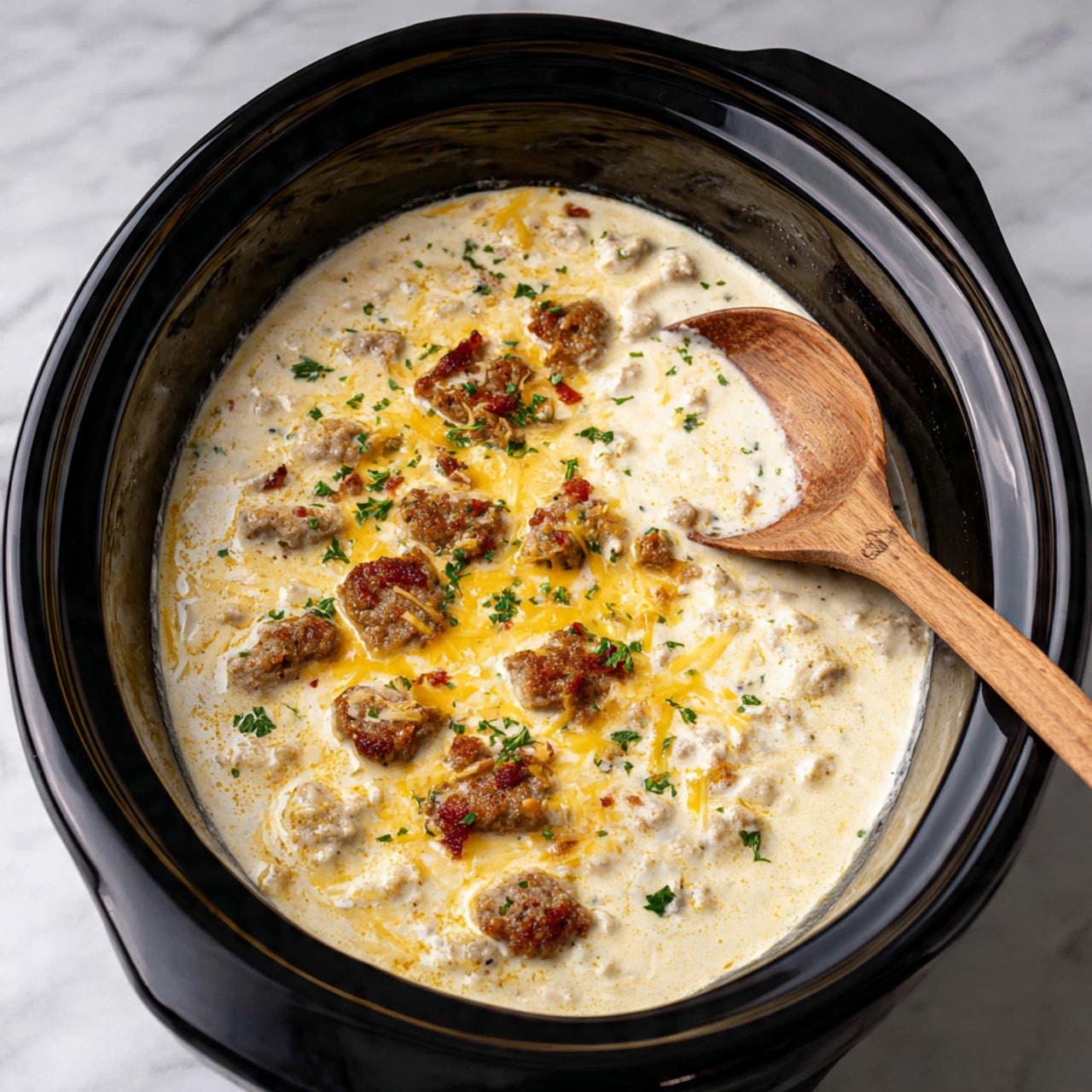 The dish is shown inside a black oval slow cooker filled with creamy white soup. The top layer has small round slices of browned sausage spread evenly, mixed with melted yellow cheese and small pieces of light green herbs scattered across. The creamy soup base looks smooth and thick, with some small chunks visible beneath the surface. A wooden spoon rests inside the slow cooker on the right side, partially dipped into the soup. The background is a white marbled surface. photo taken with an iphone --ar 4:5 --v 7