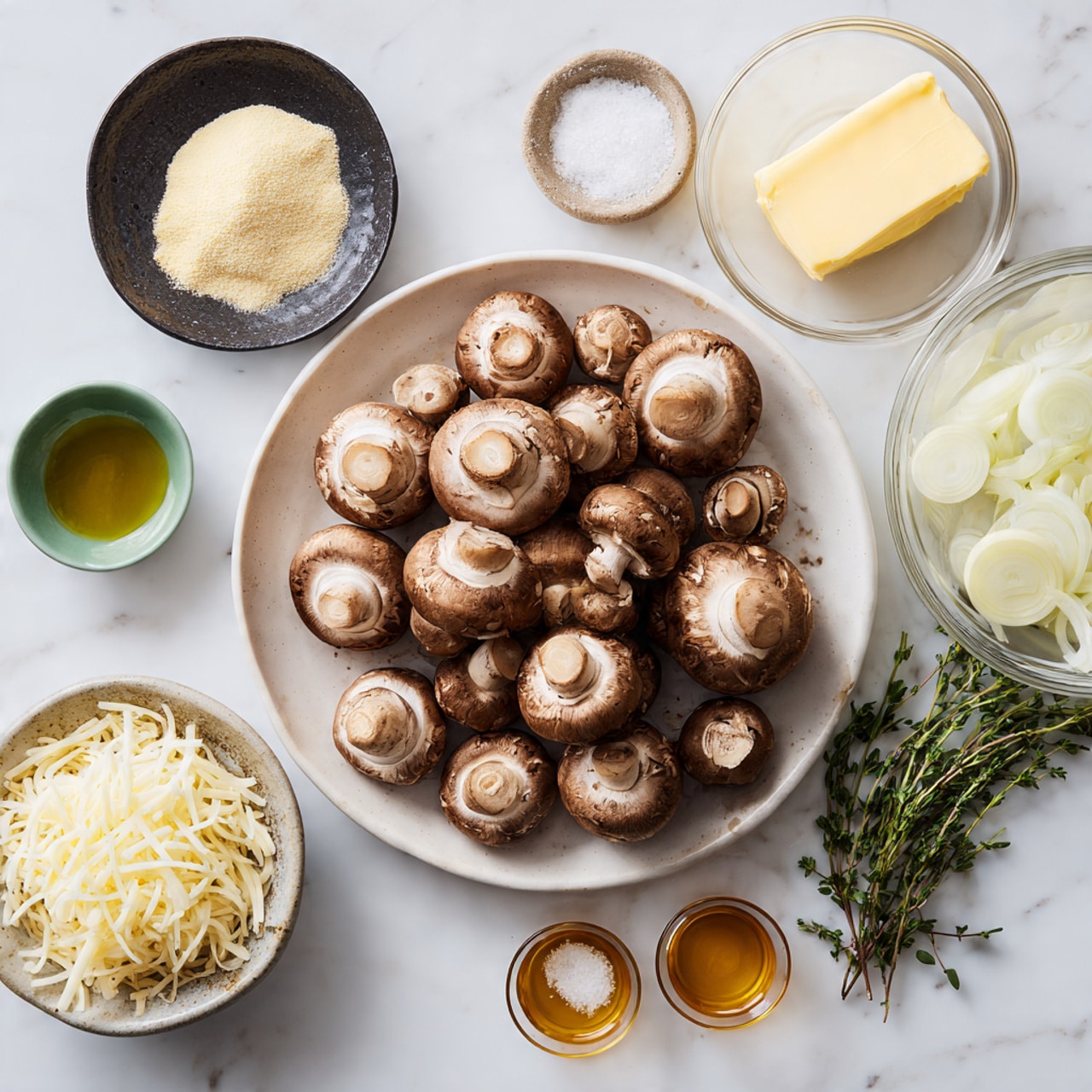 The image shows a white plate in the center full of brown mushrooms with smooth round tops and some showing dark gills underneath. Around this plate, there are small bowls and measuring cups: a dark bowl filled with shredded white cheese at the bottom, a green bowl with light yellow powder to the left, a clear glass bowl with pale yellow sliced onions at the right, and three small measuring cups with golden, amber, and clear liquid arranged on the left. There’s a small green dish with a block of light yellow butter near the top and a small black dish with white salt nearby. Fresh green sprigs of herbs lie at the top right corner. The surface is a clean white marbled texture. photo taken with an iphone --ar 4:5 --v 7