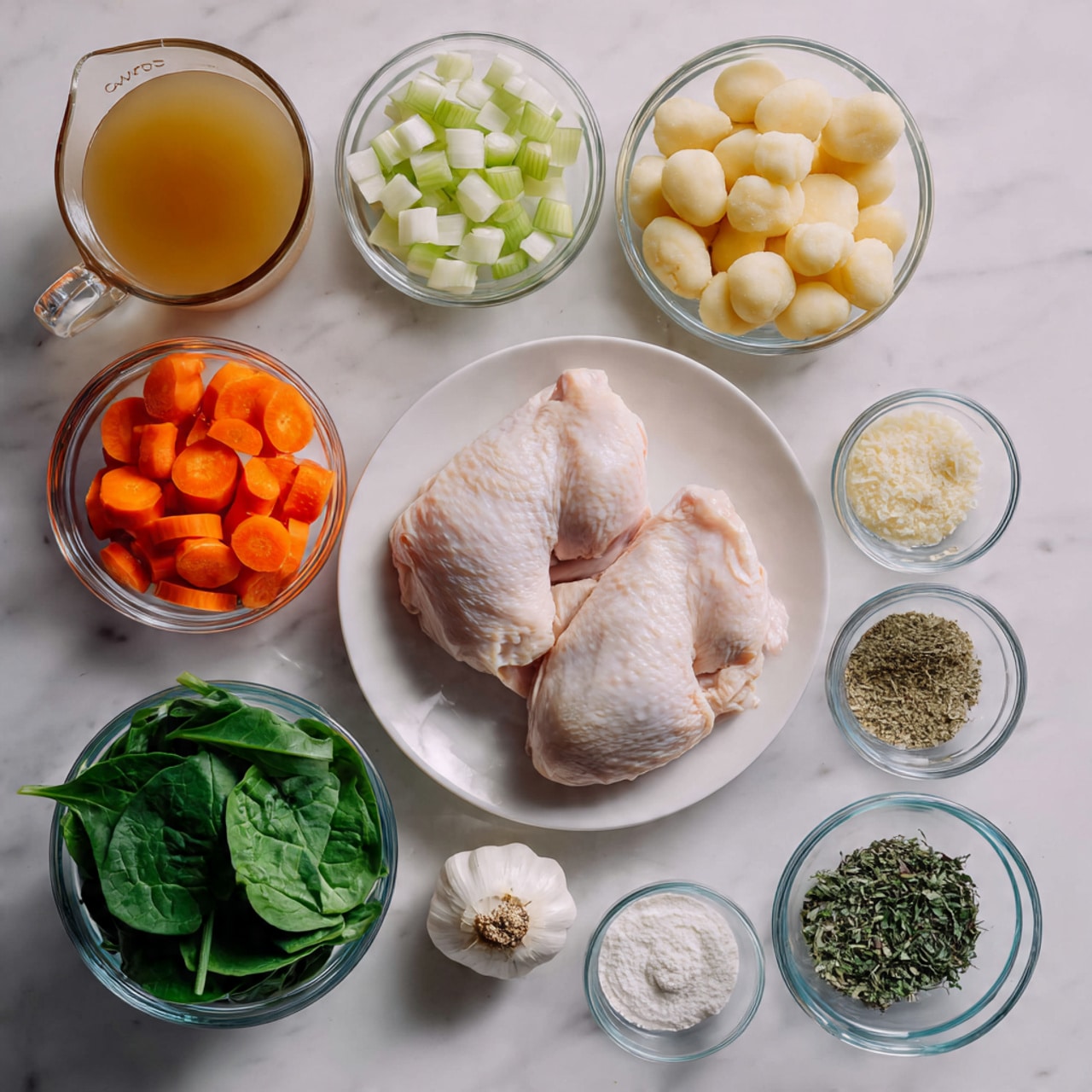 The image shows a flat lay of ingredients arranged neatly on a white marbled surface. In the center is a white plate holding two raw chicken pieces, light pink and smooth. Surrounding the plate are clear glass bowls with colorful items: bright orange carrot slices, light green chopped celery, finely chopped white onions, round gnocchi pasta, and fresh green spinach leaves. There is also a clear measuring cup filled with light brown broth and a smaller clear jug with white cream. Small glass bowls contain dried green herbs, minced garlic, dried thyme, a mix of salt and pepper, grated Parmesan cheese, and a white powder, likely cornstarch. The arrangement is clean and organized, with each ingredient distinctly visible, photo taken with an iphone --ar 4:5 --v 7