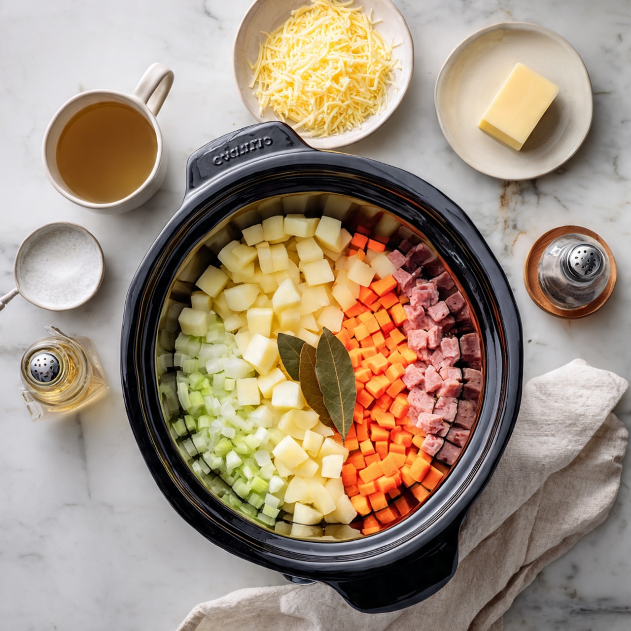 The image shows a black slow cooker filled with six layered ingredients placed side by side: pale yellow potato cubes at the top center, finely chopped white onions in the middle-left, light green celery pieces below the onions, bright orange small carrot cubes below the celery, small pinkish-brown meat cubes at the middle-right, and two whole brown bay leaves resting on top in the center. Surrounding the cooker on a white marbled surface are a white cup with liquid, a small white bowl with white powder, a clear bowl with shredded yellow cheese at the top, a small white plate holding a pale yellow stick of butter, a container of organic chicken broth in the top left corner, and a salt shaker on the right side. A white cloth is partially under the cooker’s right handle. Photo taken with an iphone --ar 4:5 --v 7