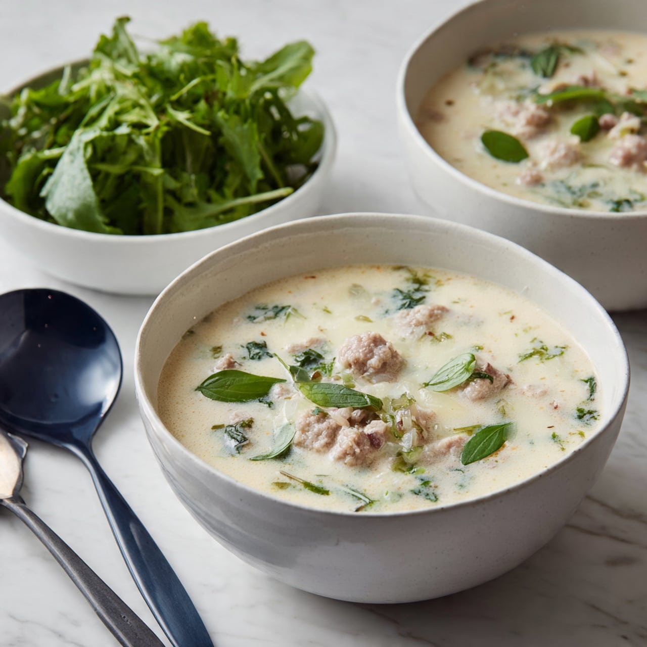 The image shows a white ceramic bowl filled with creamy soup layered with chunks of light-colored meat and small green herb leaves floating on top. The soup has a smooth texture with bits of meat spread evenly in the broth. Next to the bowl, there is a white ceramic bowl filled with fresh green leafy herbs. The setting is on a white marbled surface with a dark spoon resting nearby. The overall colors are soft cream, green, and blue tones from the bowls, creating a fresh and cozy feel. photo taken with an iphone --ar 4:5 --v 7