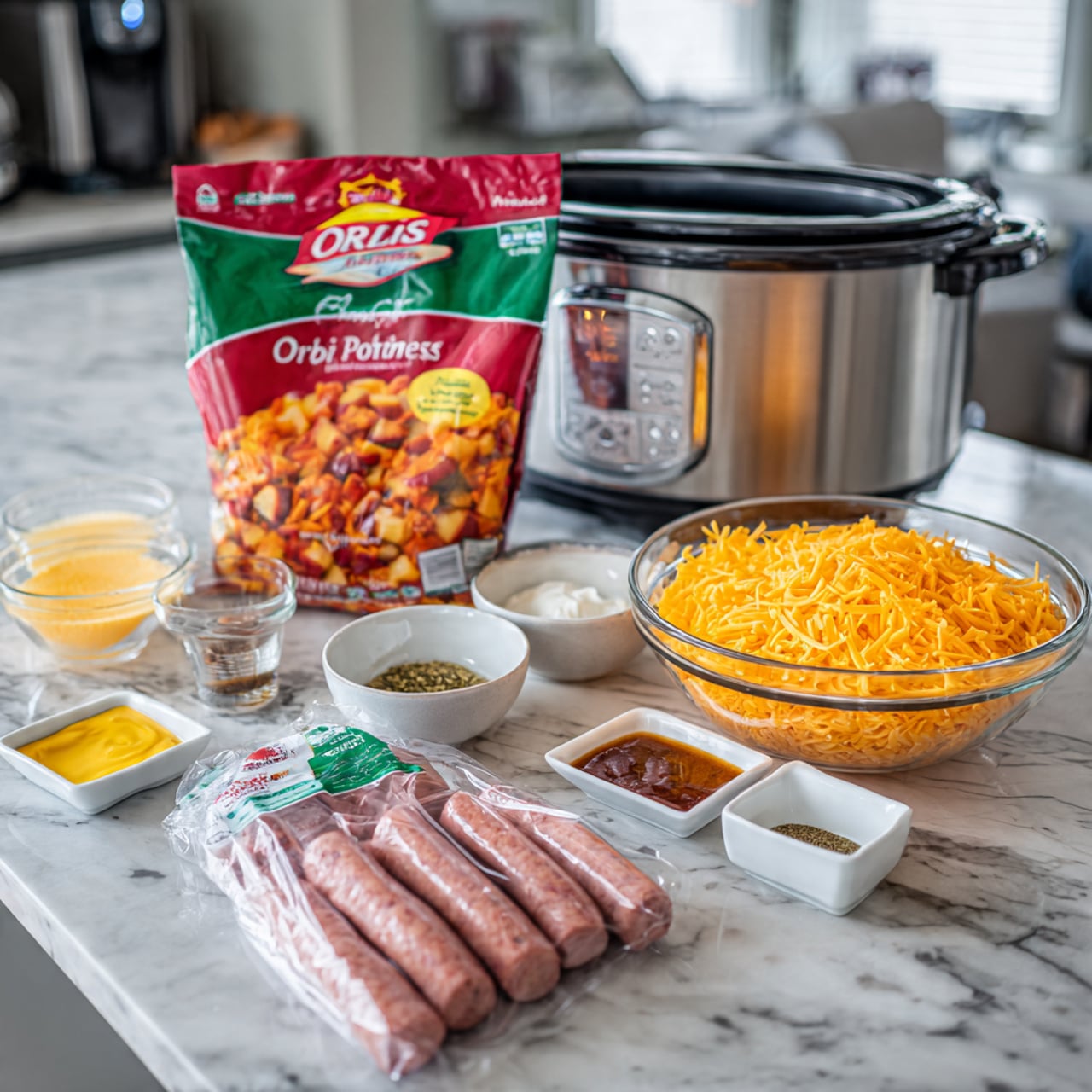 The image shows a kitchen counter with ingredients placed in front of a silver slow cooker with a black lid. In the center, there is a colorful red and green bag of Ore-Ida Potatoes O'Brien with onions and peppers. To the right of the bag, there is a clear glass bowl filled with bright orange shredded cheddar cheese. Next to the cheese, there is a small white bowl with a greenish spice mix and a white measuring cup with a white creamy ingredient inside. In front of the bag and bowls, there is a plastic package of pinkish cooked sausage links with a green label. In front of the sausage, there are two small square white dishes, one with a dab of yellow mustard and the other with a dark brown sauce. On the left side of the bag, there is a clear measuring cup with a light yellow liquid. The counter is white marbled, and the kitchen background is softly blurred. Photo taken with an iphone --ar 4:5 --v 7