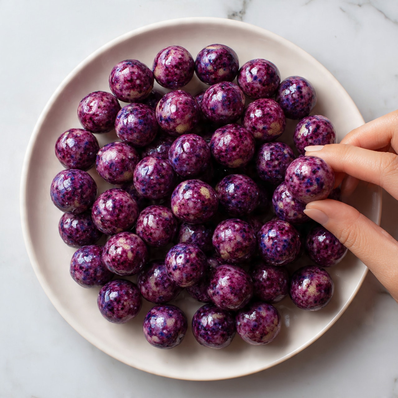 A large white plate filled with many small round balls covered in a thick purple coating with hints of dark blue spots showing through. The balls are piled closely together, filling the plate almost to the edges. On the right side, a woman's hand with a light skin tone is picking up one of the purple balls using the thumb and forefinger. The plate is on a white marbled surface with a subtle pattern. photo taken with an iphone --ar 4:5 --v 7