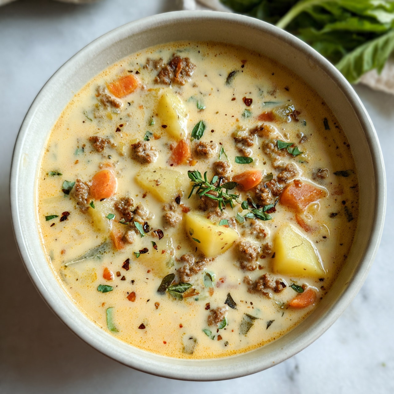 The image shows a white bowl filled with creamy soup that has a smooth and slightly thick texture. The soup has visible pieces of soft yellow potatoes, small browned ground meat bits, and thinly sliced orange carrots mixed in. There are small green specks of fresh herbs scattered on top, adding color contrast. The bowl is placed on a white marbled surface with some out-of-focus green leafy veggies in the background. The lighting is bright and natural, highlighting the rich creaminess of the soup. Photo taken with an iphone --ar 4:5 --v 7