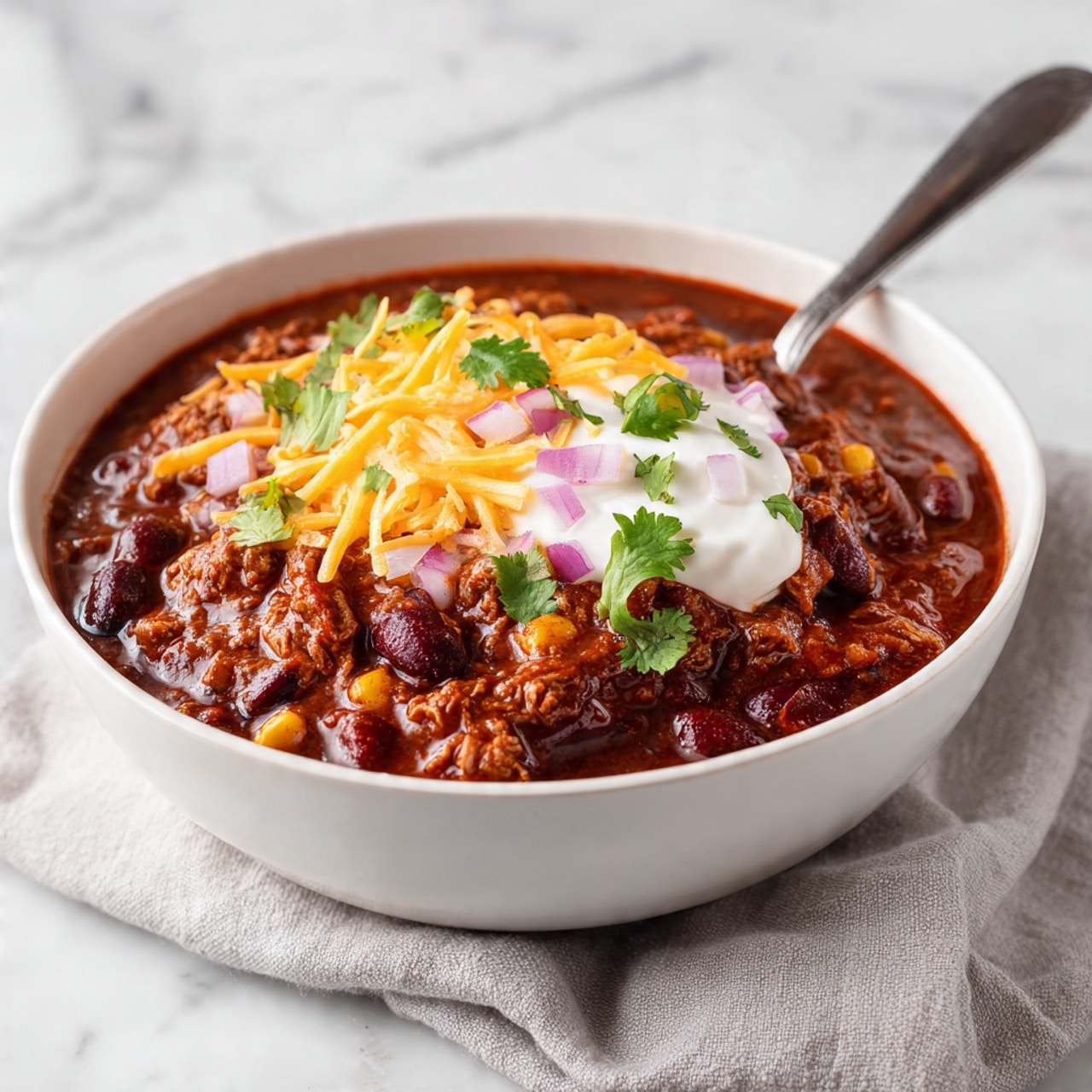 The image shows a white bowl filled with thick chili, layered with shredded brownish-orange meat, dark red kidney beans, and yellow corn kernels in a rich dark reddish-brown sauce. On top, there is a smooth white cream layer, sprinkled with bright yellow shredded cheese, small pieces of chopped red onion, and green cilantro leaves. A silver spoon rests inside the bowl, partially mixing the layers. The bowl sits on a white marbled surface with a light grey cloth napkin nearby. Photo taken with an iphone --ar 4:5 --v 7