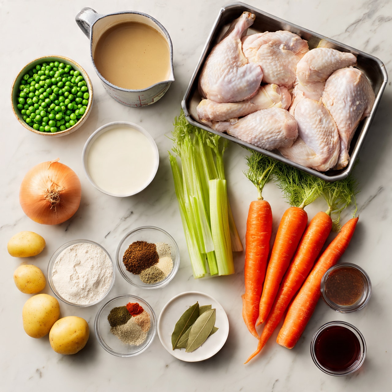 The image shows various raw ingredients laid out on a white marbled surface. At the top right, four pieces of raw chicken with a pale pink color rest in a metal tray. Below the tray, there are five bright orange carrots with green tops attached, and next to them, five stalks of fresh green celery. To the left of the carrots and celery, a medium-sized brown onion sits alongside about twenty small yellow potatoes scattered nearby. Towards the bottom left, there are several small white bowls containing different ingredients: one with white powder (flour), a round dish with four different spices in light brown, dark brown, and green shades, another with minced garlic in a pale yellow color, and a small square bowl holding two brown bay leaves. Above these bowls, a bowl of green peas and a clear glass measuring cup filled with light brown broth are visible. Another clear measuring cup with white liquid, likely milk, is next to the broth. Two small bowls with dark liquid and a red paste finish the arrangement. photo taken with an iphone --ar 4:5 --v 7